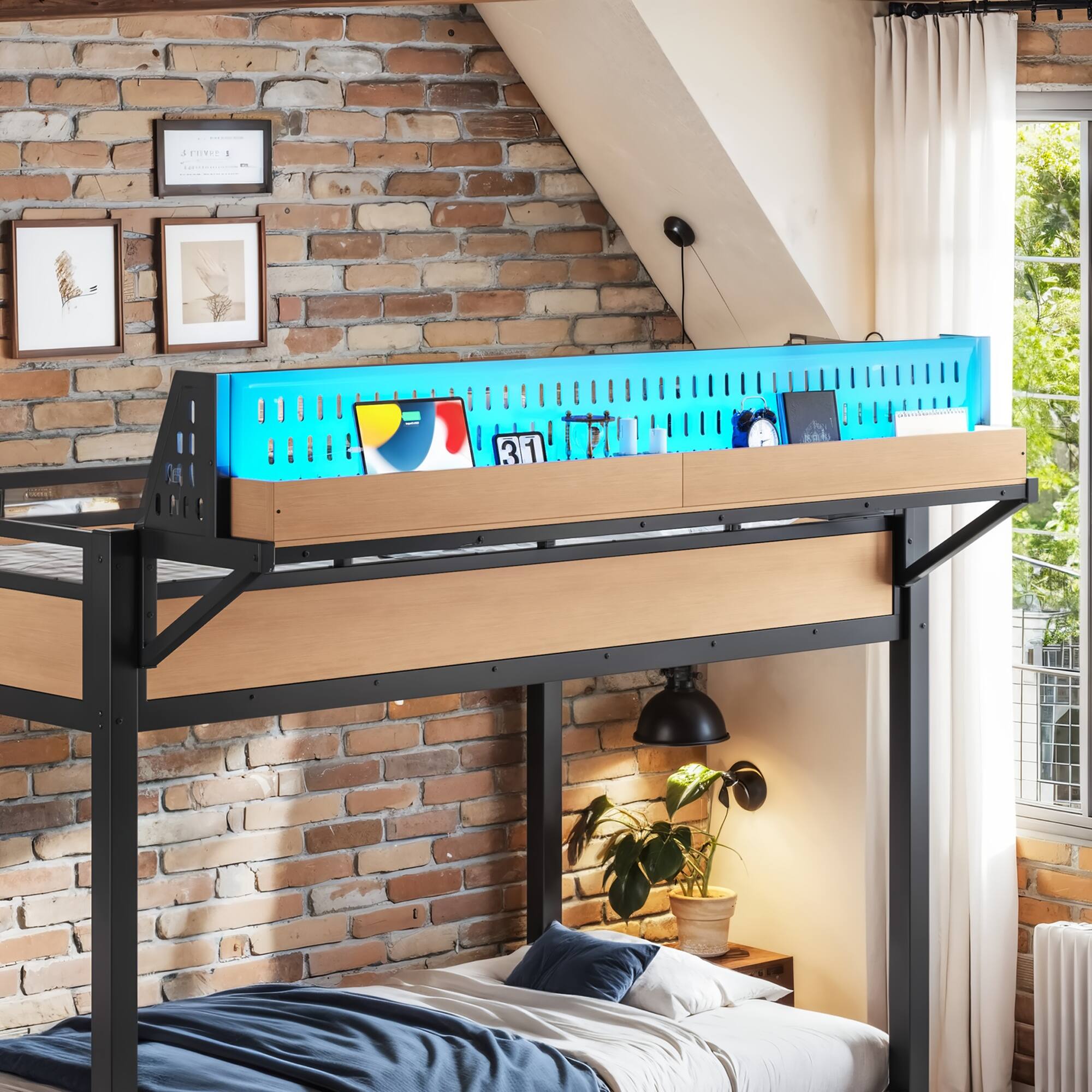 Alt View 3. Boyel Living - Twin XL over Twin XL Size Metal Bunk Bed with Storage Shelves and Pegboard Bunk Bed Frame - Black.