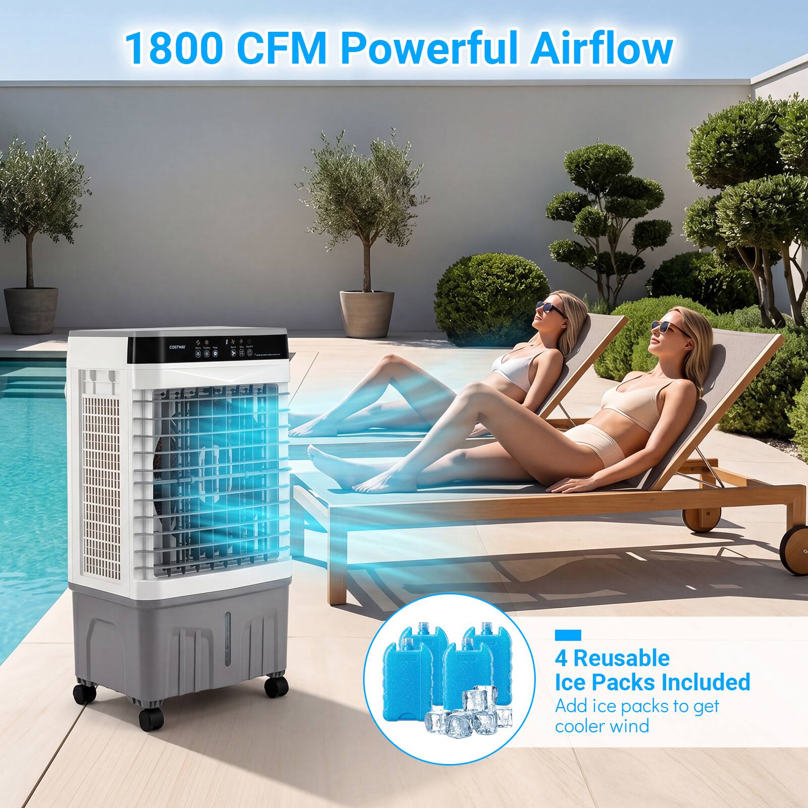 1800 CFM Powerful Airflow

4 Reusable Ice Packs Included
Add ice packs to get cooler wind