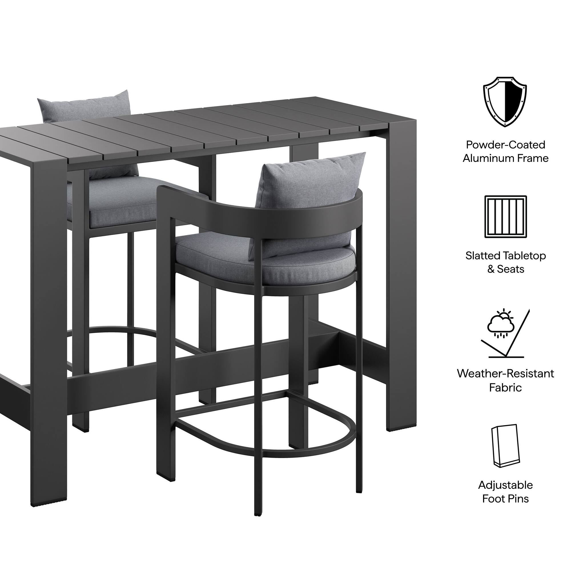 Powder-Coated Aluminum Frame, Slatted Tabletop & Seats, Weather-Resistant Fabric, Adjustable Foot Pins