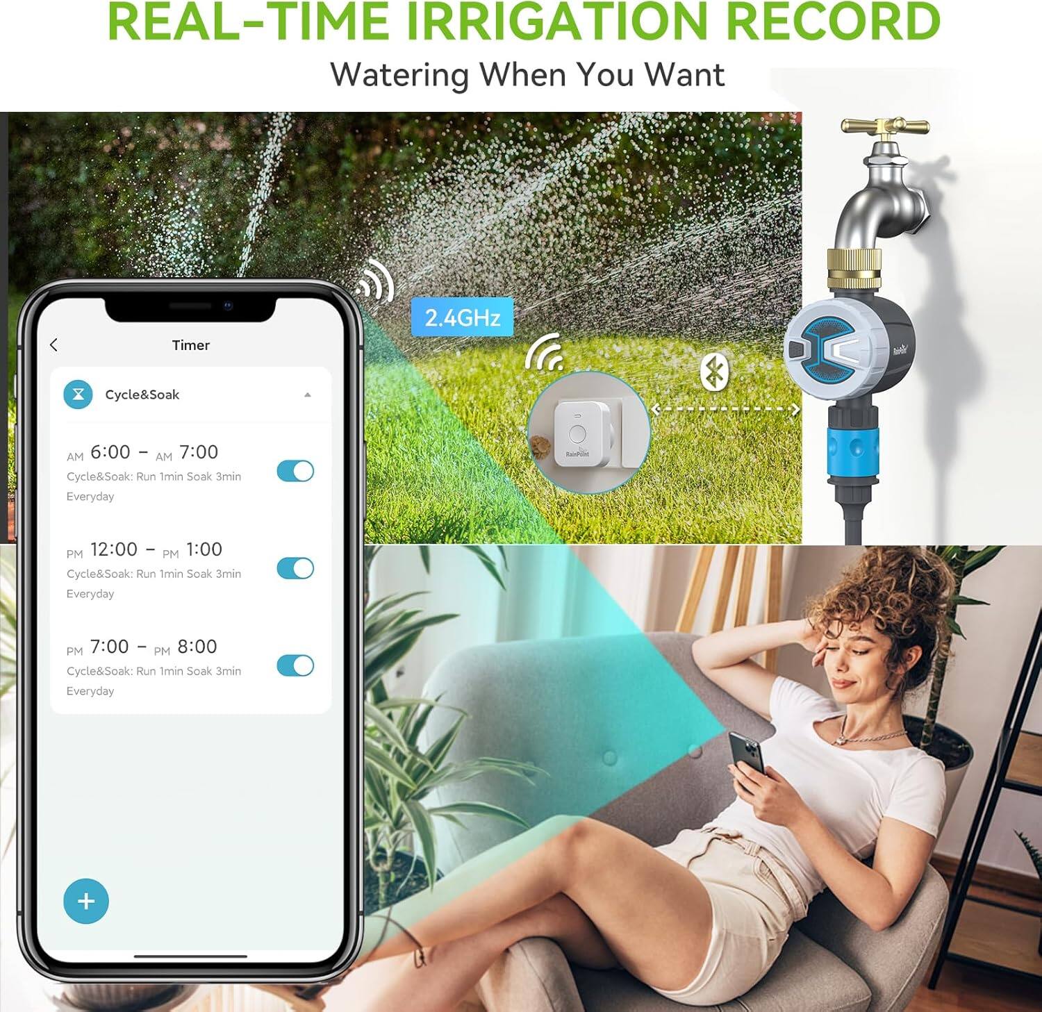 REAL-TIME IRRIGATION RECORD  
Watering When You Want  

Timer  
Cycle&Soak  
AM 6:00 – AM 7:00  
Cycle&Soak: Run 1min Soak 3min  
Everyday  

PM 12:00 – PM 1:00  
Cycle&Soak: Run 1min Soak 3min  
Everyday  

PM 7:00 – PM 8:00  
Cycle&Soak: Run 1min Soak 3min  
Everyday  

2.4GHz