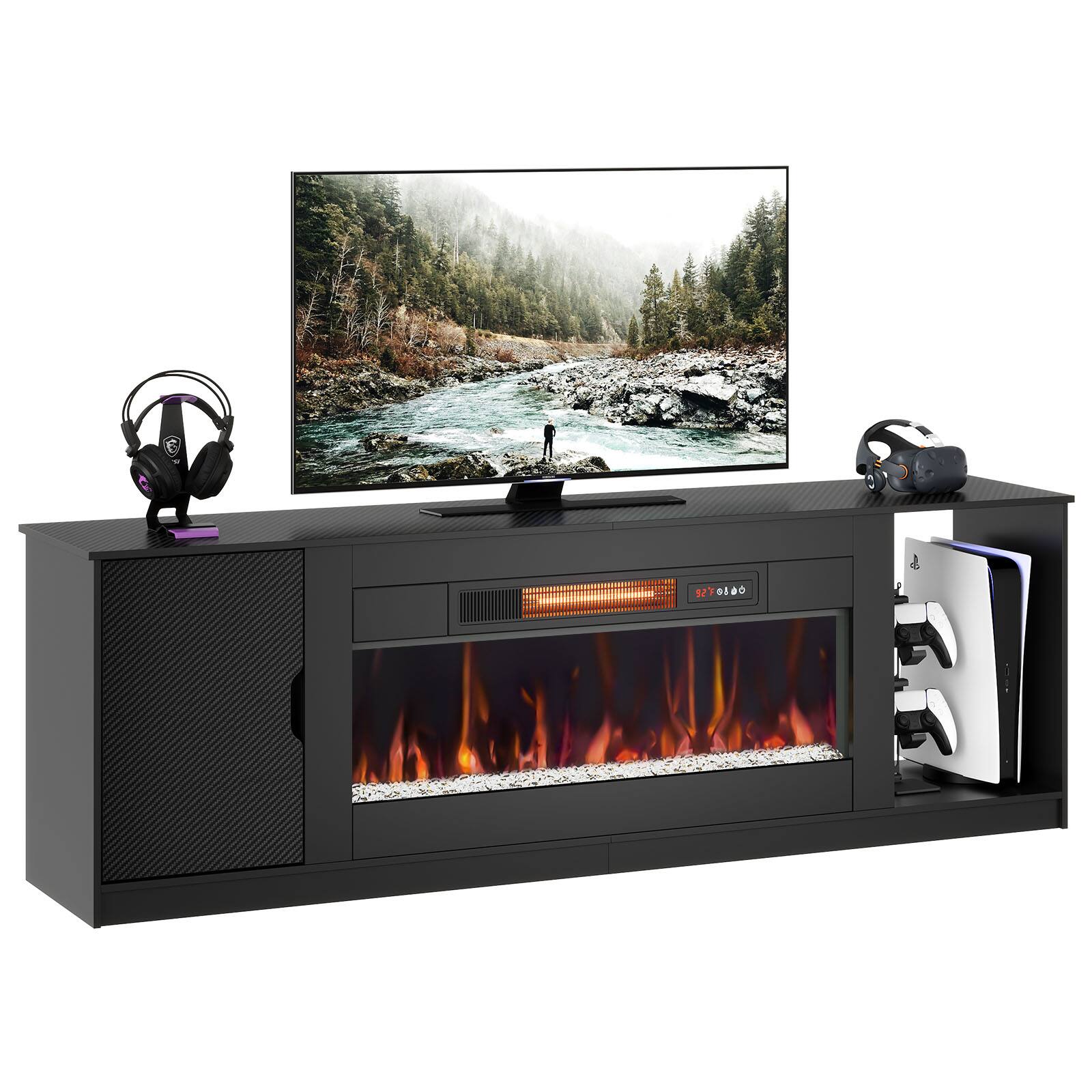 Alt View 4. Bestier - Bestier 70" Gaming TV stand with 36" fireplace cabinets & open storage for TVs up to 75" and PS5 consoles - Black Carbon Fiber.