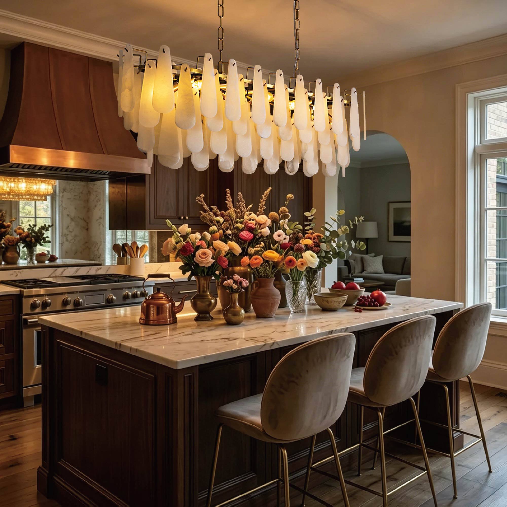 Back. Siljoy - 40-in Brass Rectangular Alabaster Chandelier 10 E12 Lights Adjustable Chain for Kitchen Island Dining Room - Brass.