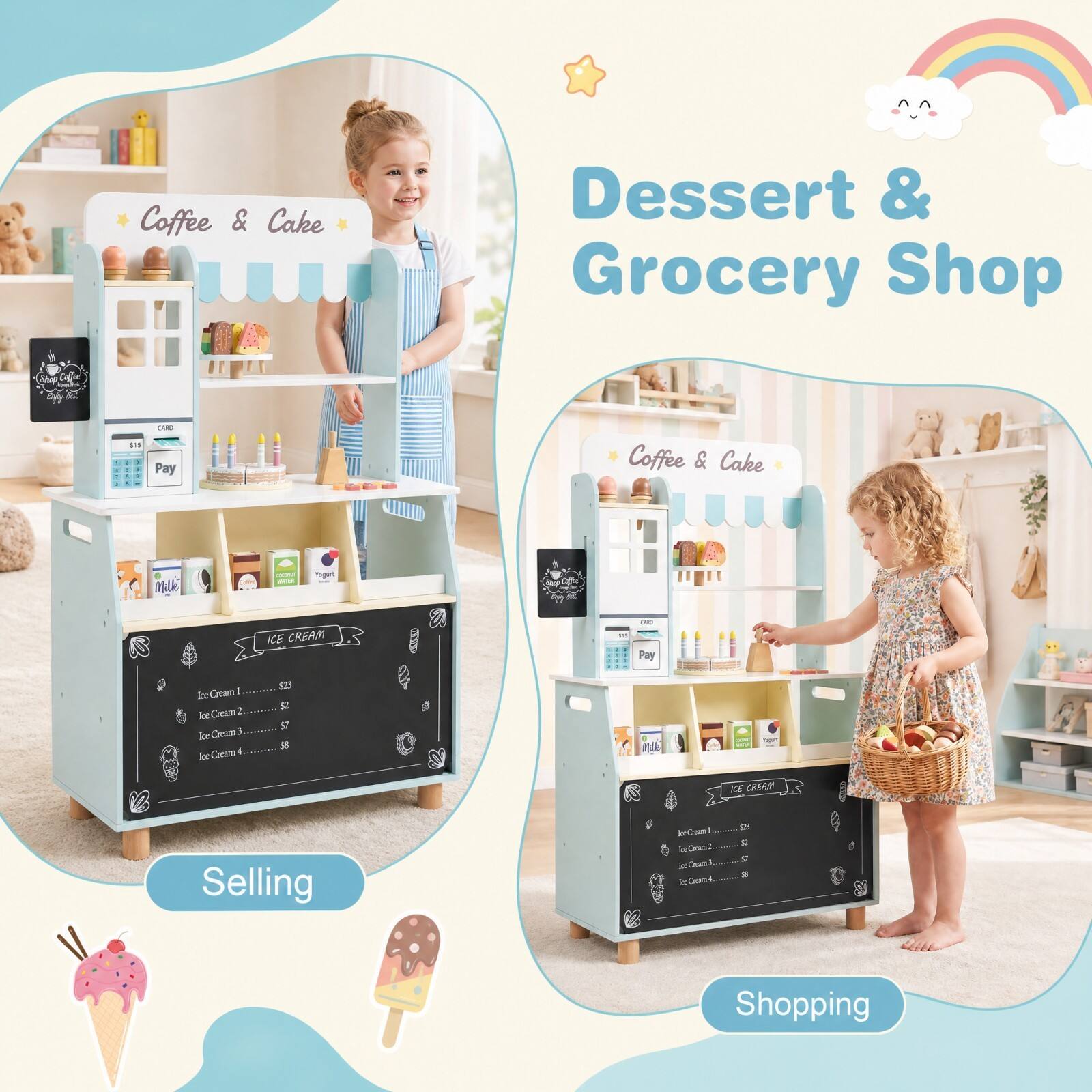 Coffee & Cake  
Dessert & Grocery Shop  
$78  
CARD Pay  
Coffee & Cake  
Milk  
HOUR  
Yogurt  
ICE CREAM  
202  
one Pay  
Ice Cream be Cream2 kr Cream3 Cream 4. kr  
$2 $7 $8  
Milk  
ECAL  
togal.  
ICE CREAM  
Selling  
ReCom krOwn2 IrOml ExCran  
(2) g g  
Shopping
