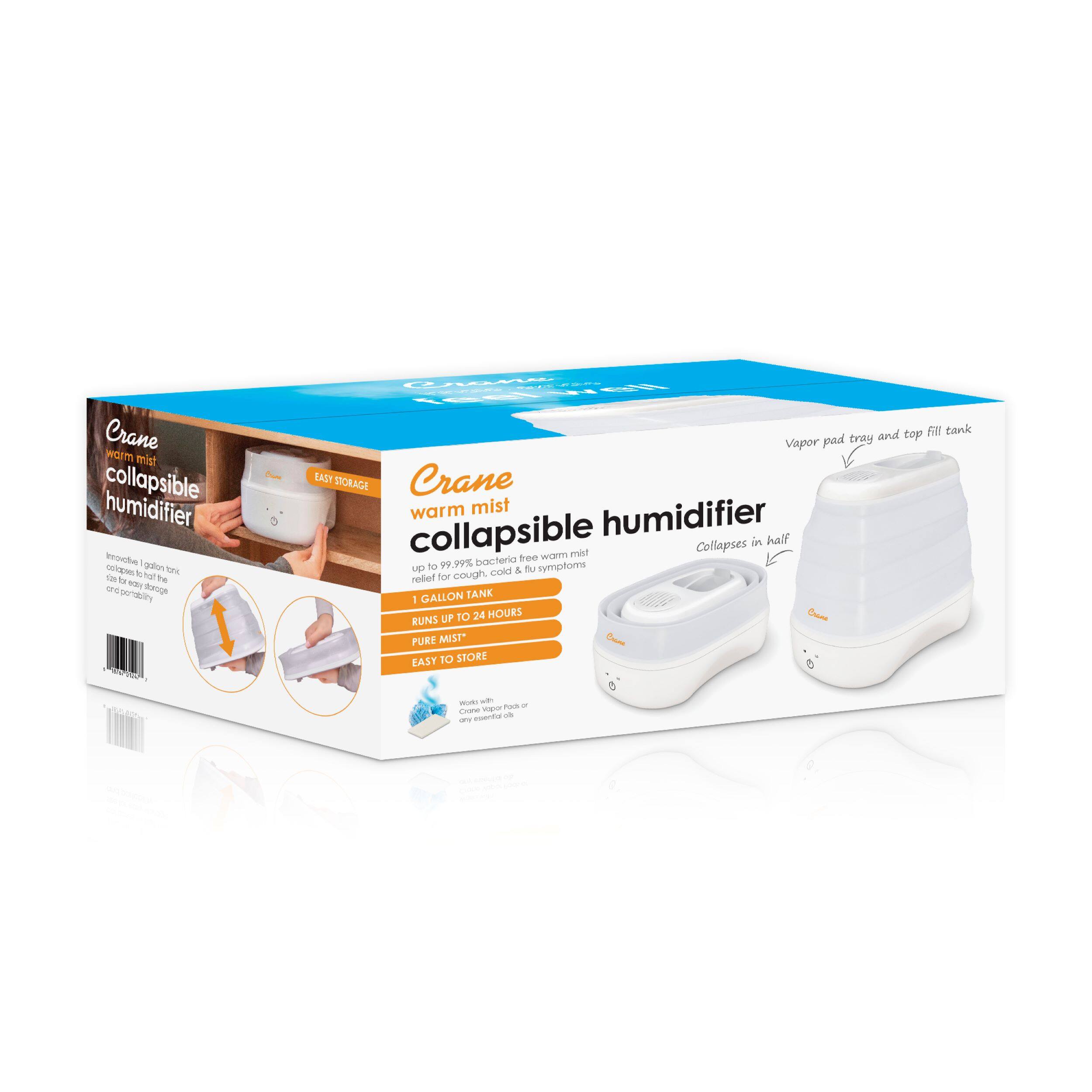 Crane warm mist collapsible humidifier - Vapor pad tray and top fill tank - EASY STORAGE - Crane warm mist collapsible humidifier collapses in half - Collapses in half - 99.99% bacteria free - Relieves symptoms of cold & flu for cough - 1 GALLON TANK - RUNS UP TO 24 HOURS - PURE MIST* - EASY TO STORE