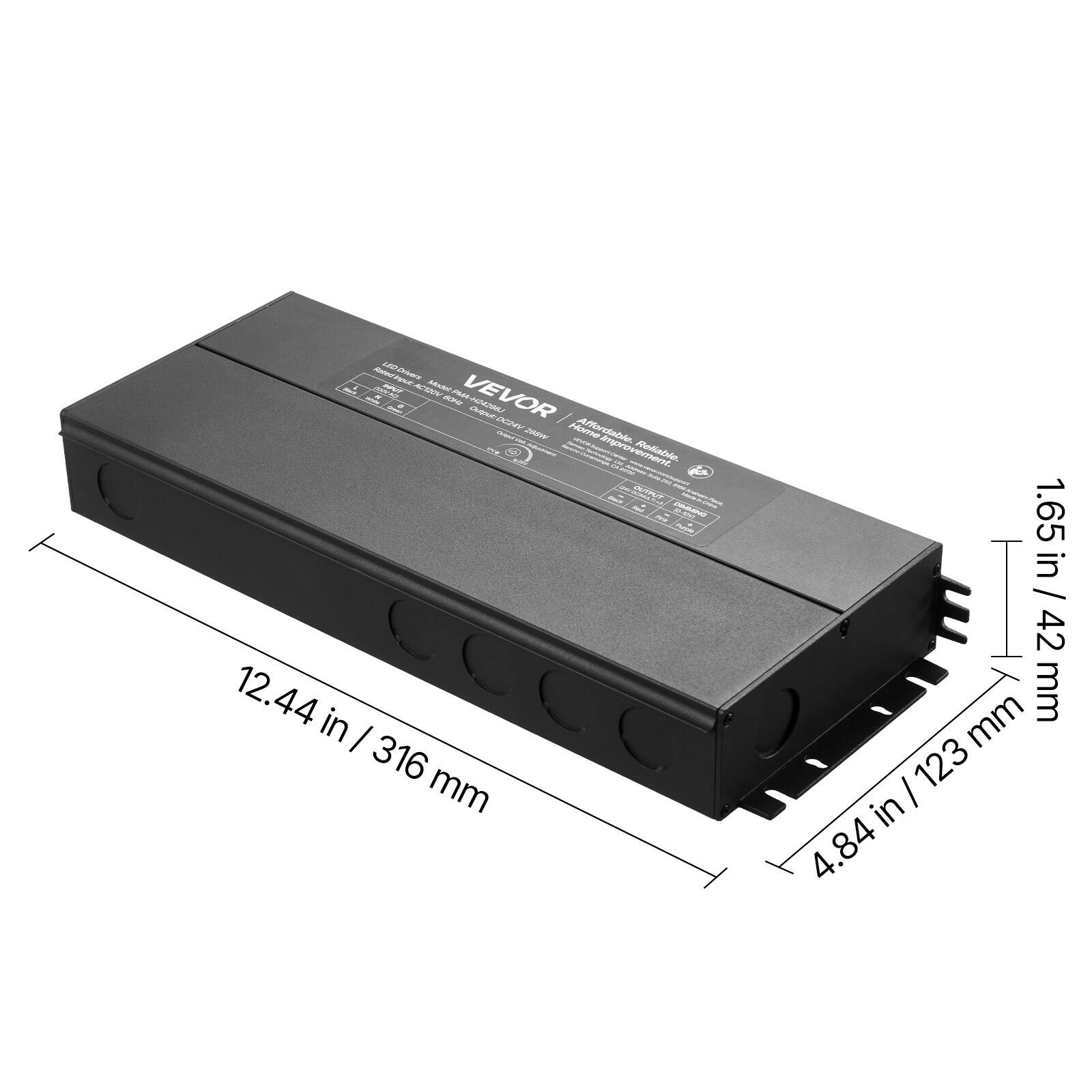 Sure, here is the corrected and grouped text:

- VELOR
- 12.44 in / 316 mm
- 4.84 in / 123 mm
- 1.65 in / 42 mm