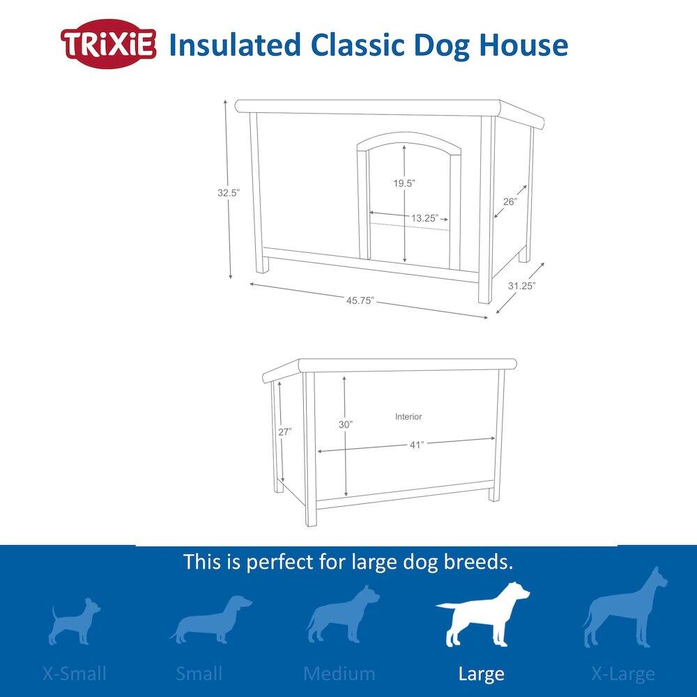 TRiXiE Insulated Classic Dog House

- 32.5" (height)
- 19.5" (width)
- 26" (depth)
- 31.25" (front to back)
- 45.75" (length)
- 30" (interior height)
- 41" (interior width)

This is perfect for large dog breeds.

- X-Small
- Small
- Medium
- Large
- X-Large