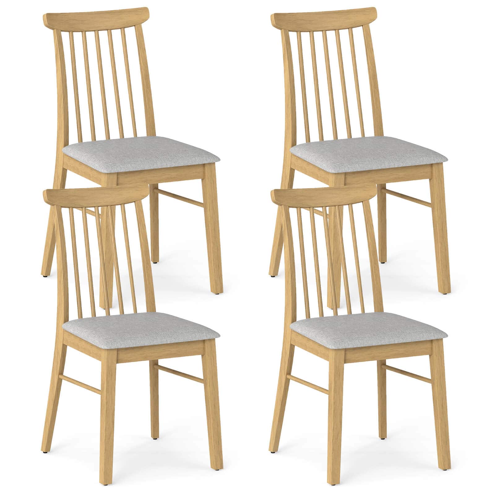 Costway - 4 PCS Dining Chairs with Rubber Wood Frame Padded Seat Spindle Back for Restaurant - Gray + Natural