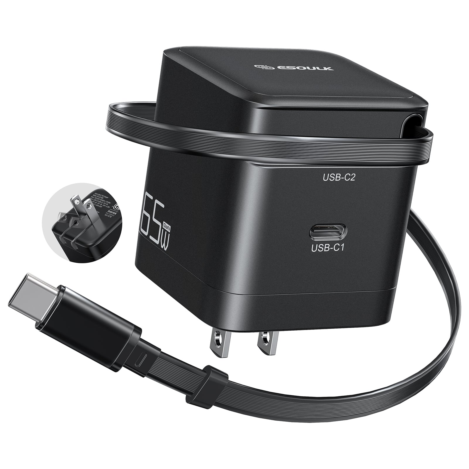 Esoulk - 65W Dual USB-C PD 3.0 PPS Wall Charger with Cable for Macbook Air Pro, Steam Deck, iPhone 17 Pro Max, Nintendo Switch 2 - Black