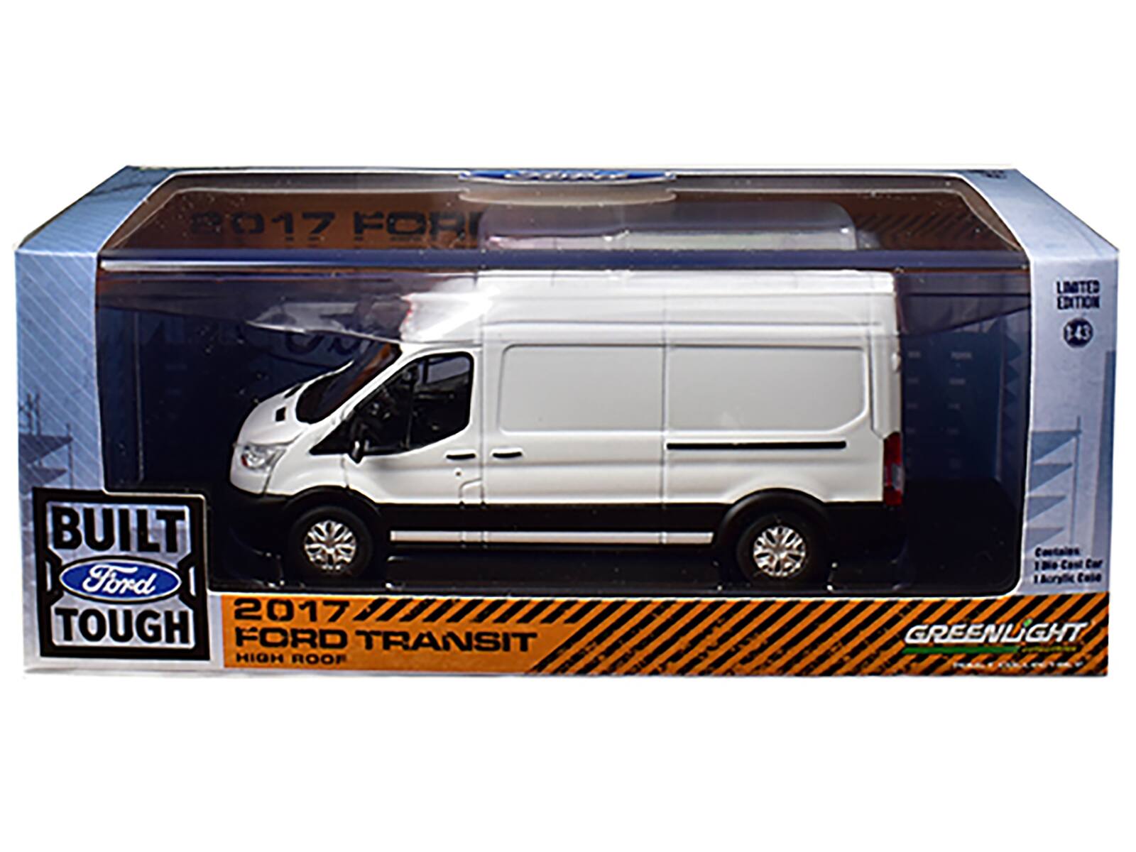 2017 FOR LIMITED EDITION 143 BUILT Ford 2017 TOUGH FORD TRANSIT HIGH ROOF  
Contains 1 Die-Cast Car, 1 Acrylic Case  
GREENLIGHT