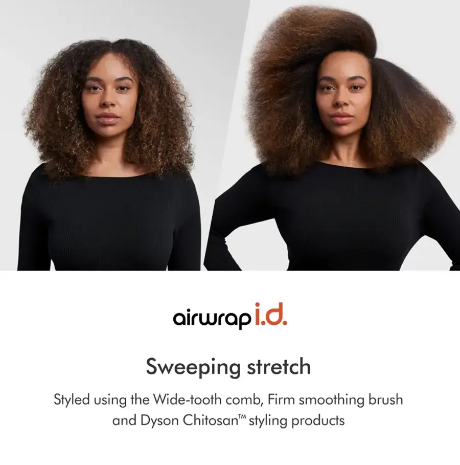 airwrap i.d. Sweeping stretch Styled using the Wide-tooth comb, Firm smoothing brush and Dyson Chitosan styling products.