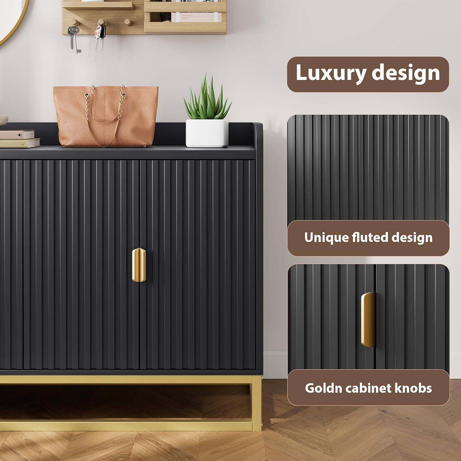 Luxury design  
Unique fluted design  
Golden cabinet knobs