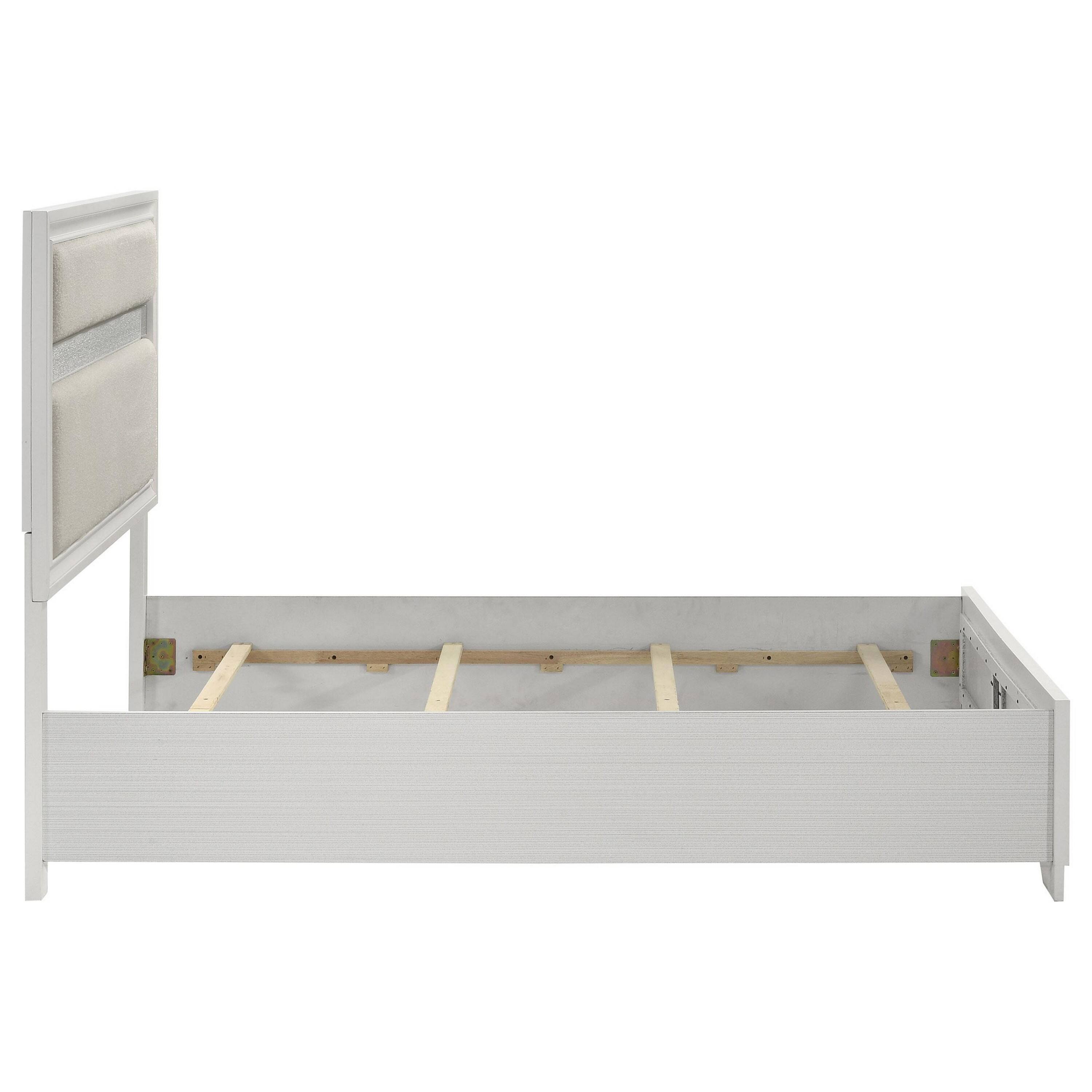 Back. Manhattan Lane - Vino Full Size Bed, Panel Headboard, White Upholstery, Glitter Stripes - White.