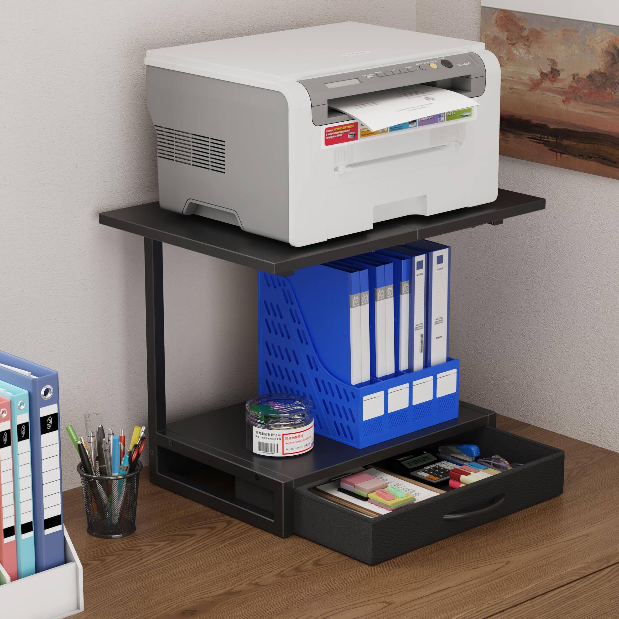 Alt View 4. Paradigms Interiors - 2-tier Desktop Printer Stand With Fabric Drawer Prtiner Table Storage Shelf Desk Organizer For Home Office ... - Black-Middle.
