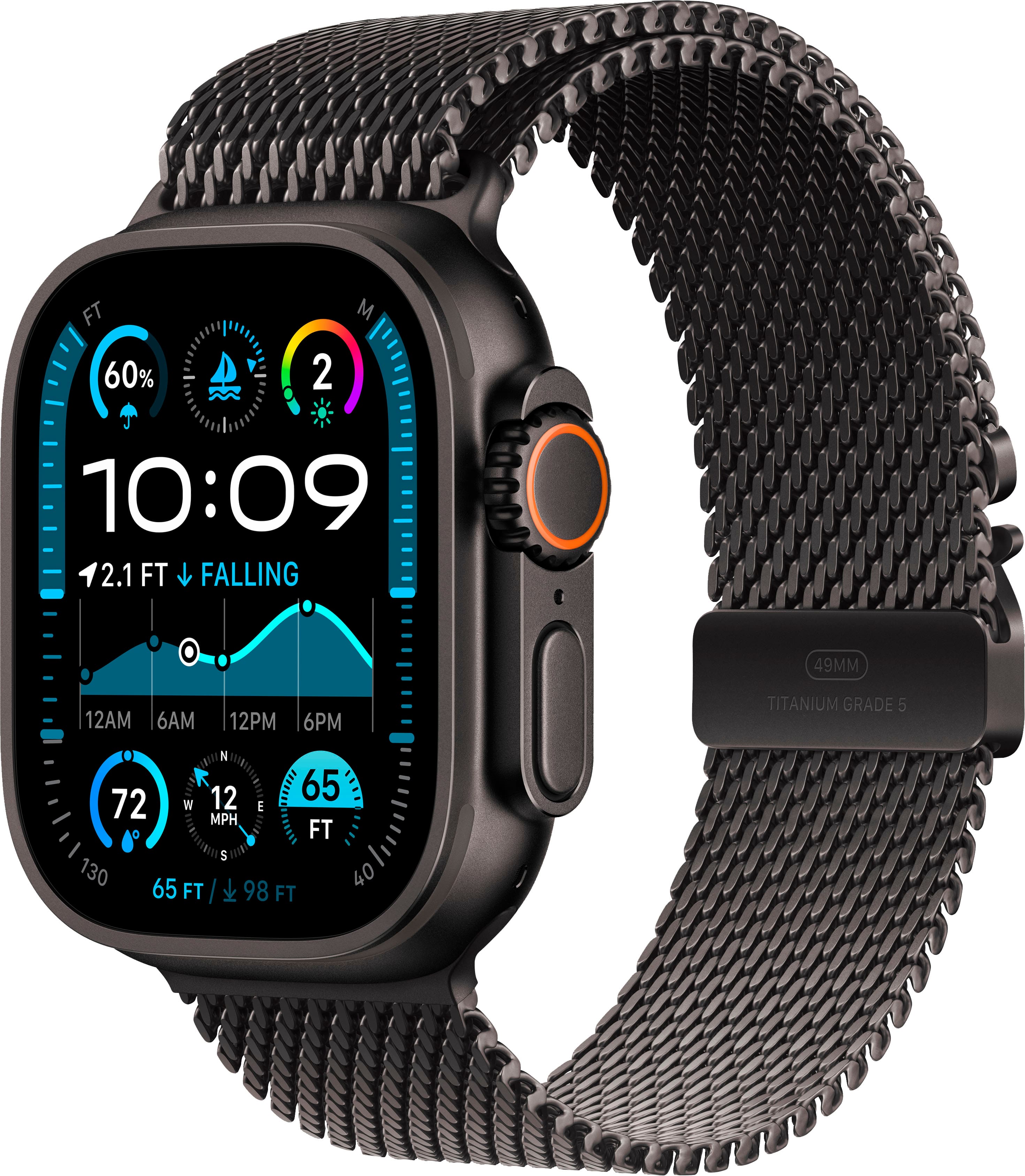 Apple Watch Ultra 2 (GPS+Cellular) 49mm Titanium Case with Black Titanium Milanese Loop - Small - Black - (2024) - Angle_Zoom