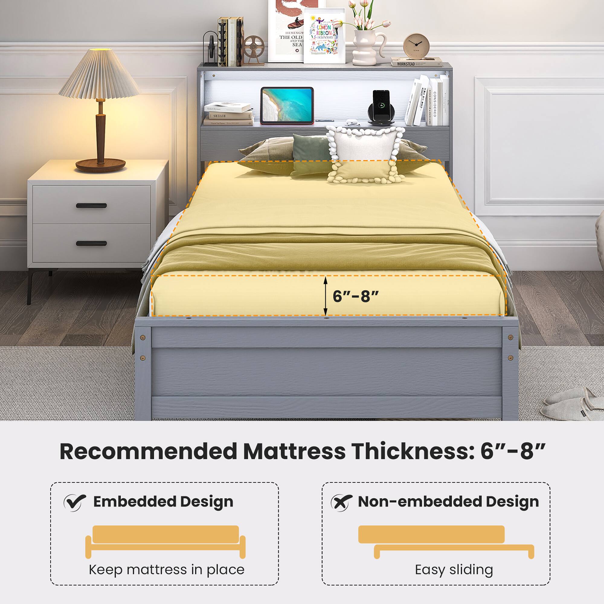Recommended Mattress Thickness: 6"-8" Embedded Design Non-embedded Design Keep mattress in place Easy sliding
