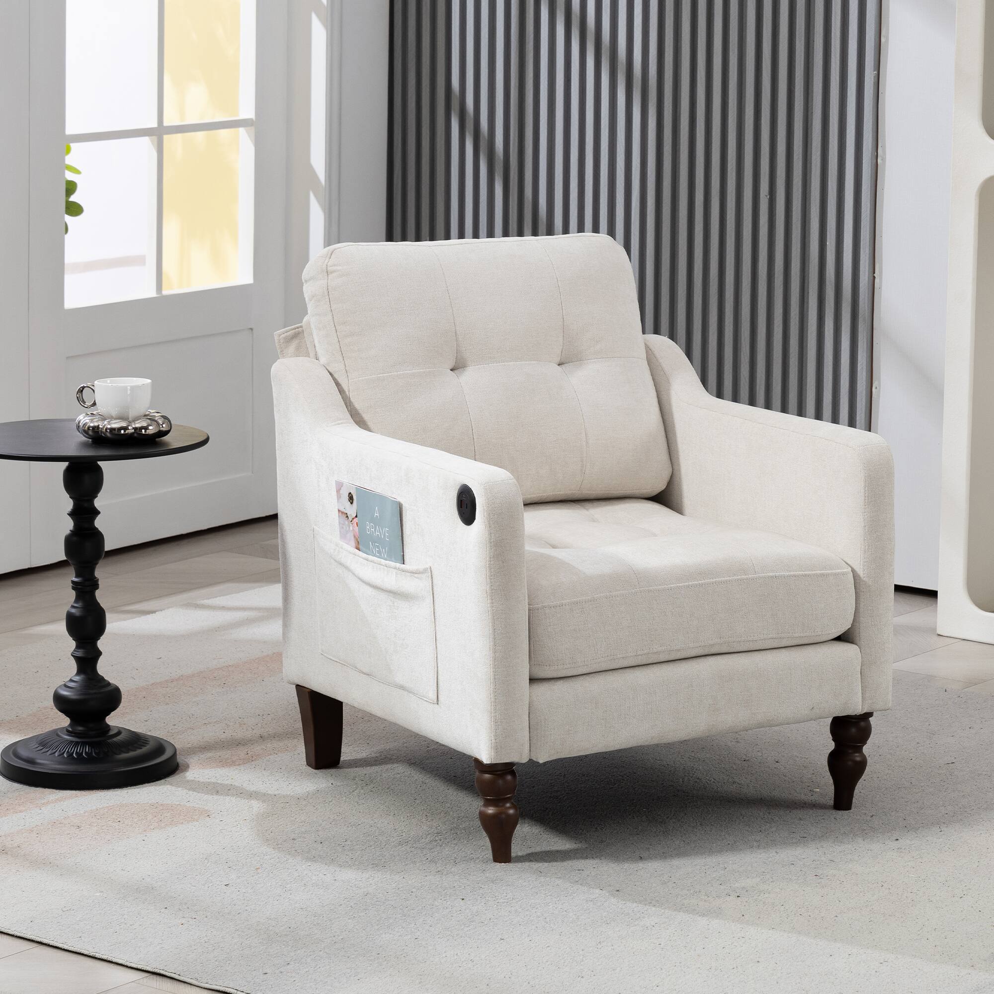 Back. APRILSOUL - Accent Comfy Chenille Chair charging Comfy Upholstered Arm Chair Storage for Living Room Bedroom - Beige.