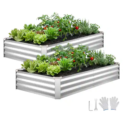 Front. VEVOR - 2 Pack Galvanized Raised Garden Beds, 6 x 3 x 1 ft, Rectangular Metal Planter Boxes Kit Outdoor - Glossy Silver.