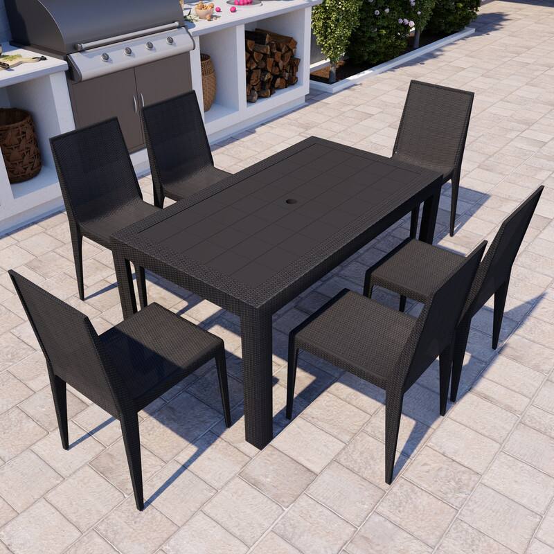 Angle. LeisureMod - Mace Weave Design 55Inch Outdoor Dining Table, Weather-Resistant Patio Accent Table, Modern Backyard Furniture - Black.