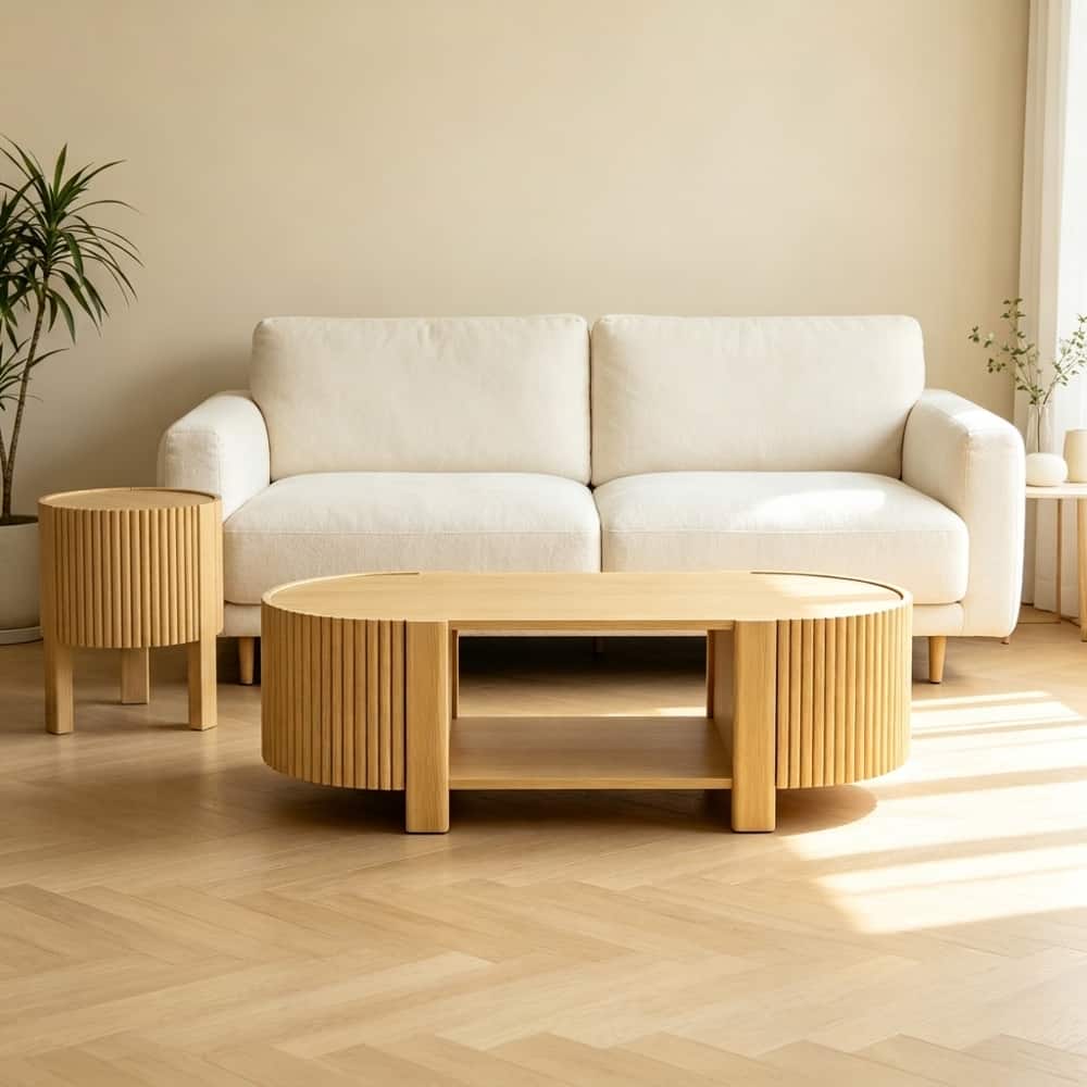 Loheer - 2 Piece Solid Wood Coffee Table Set Modern Oval Living Room Table Set with Soft-Close Doors 47 Inch - Natural