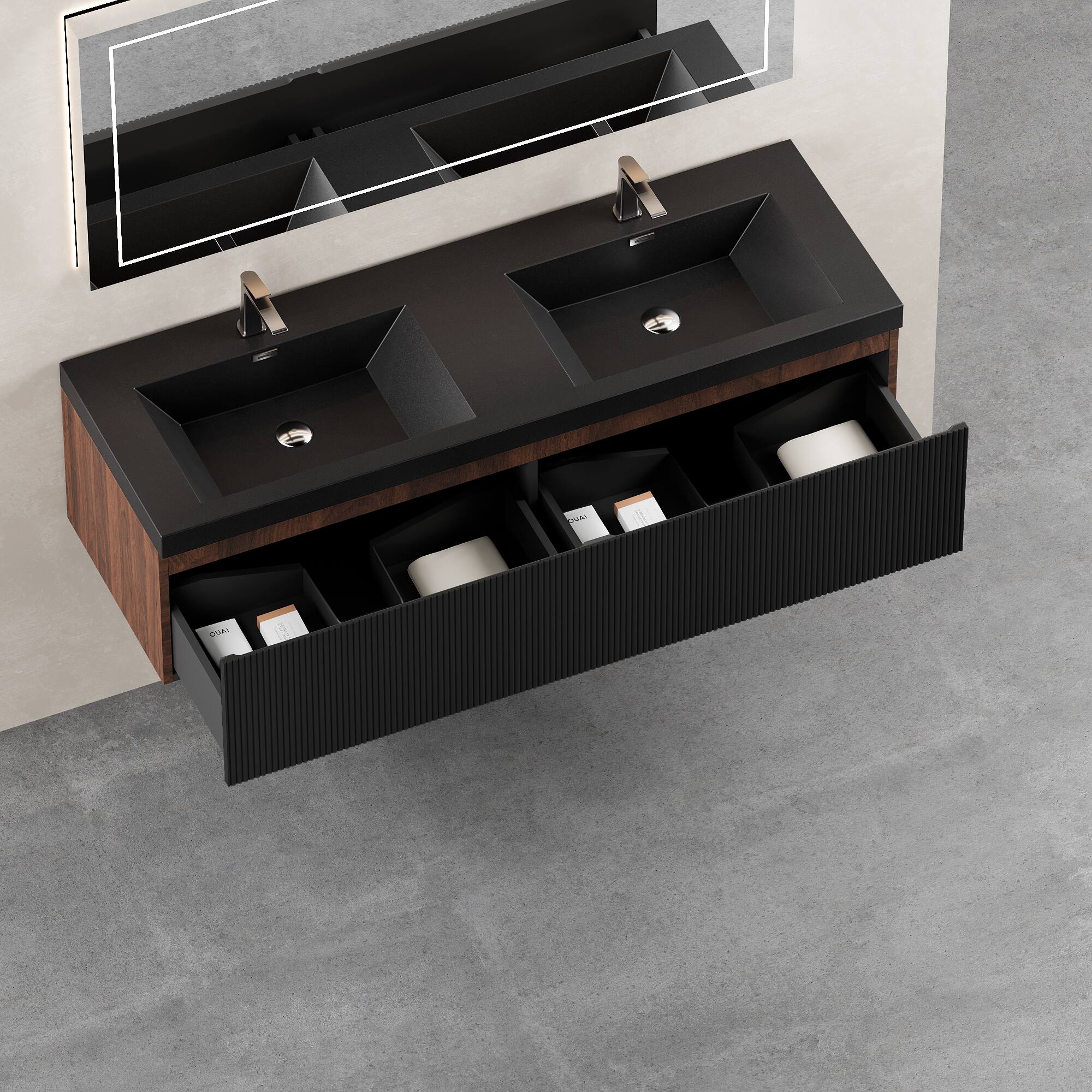 Alt View 1. Boyel Living - 60In Floating Bathroom Vanity Double Sinks Black Stone Resin Countertop Soft Close Drawers - Black.
