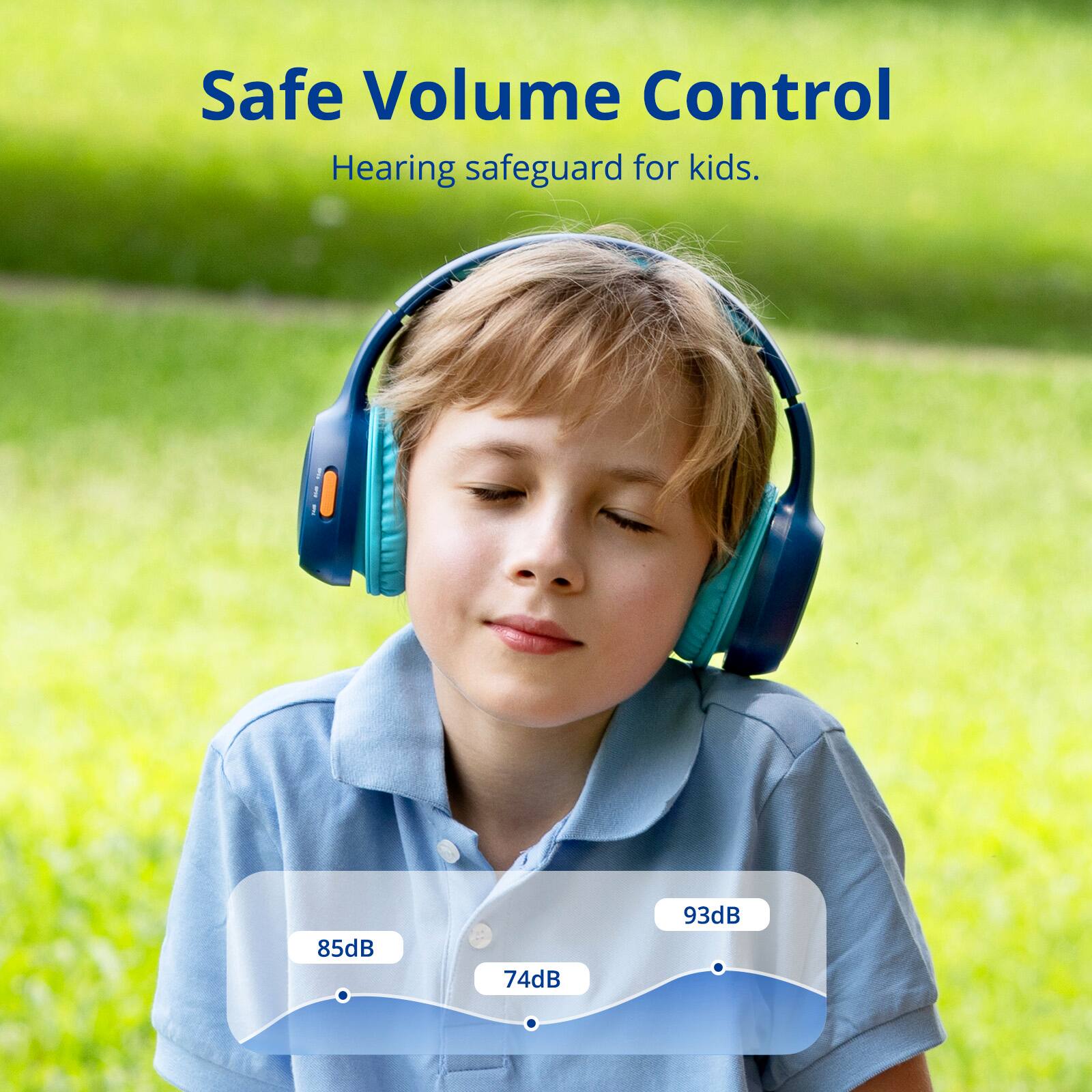 Safe Volume Control: Hearing safeguard for kids. 85dB, 74dB, 93dB.