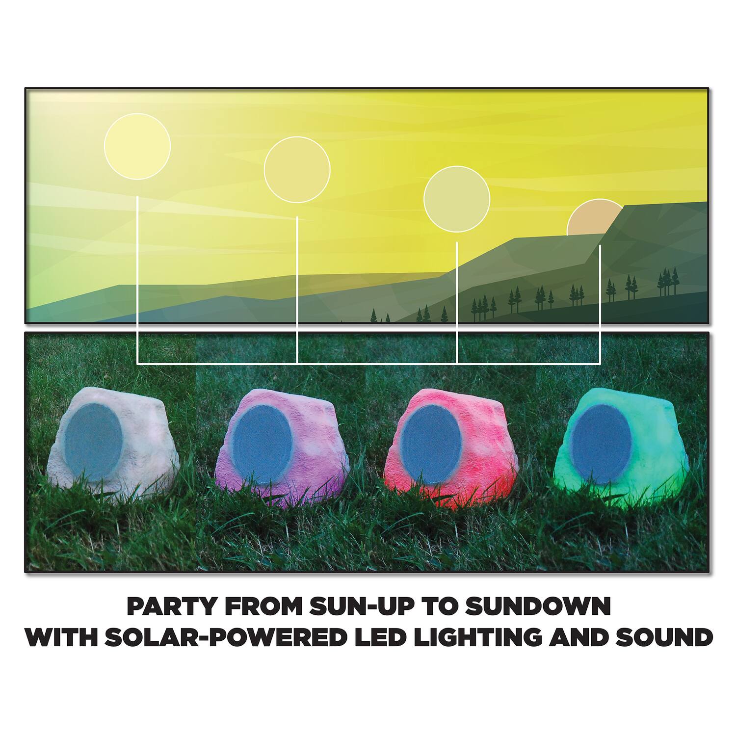 PARTY FROM SUN-UP TO SUNDOWN WITH SOLAR-POWERED LED LIGHTING AND SOUND