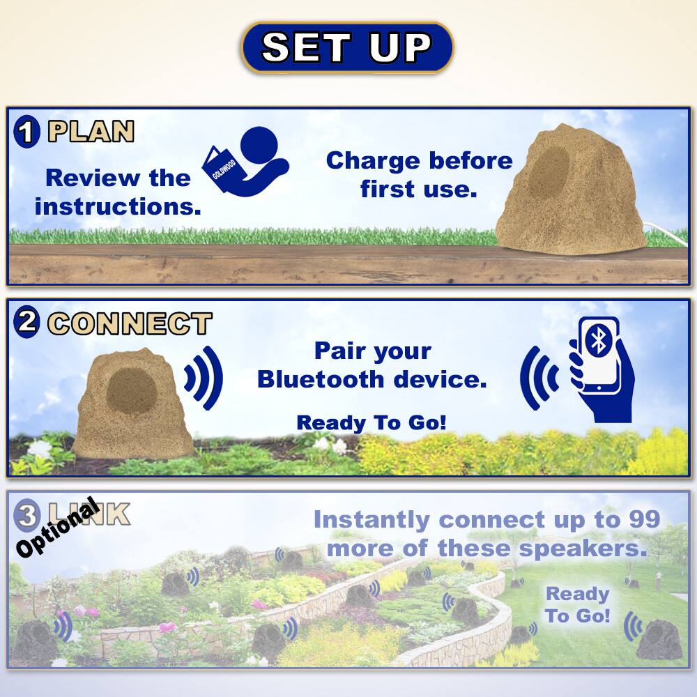 **SET UP**

1. **PLAN**  
   Review the instructions.  
   Charge before first use.

2. **CONNECT**  
   Pair your Bluetooth device.  
   Ready To Go!

3. **LINK**  
   Optional  
   Instantly connect up to 99 more of these speakers.  
   Ready To Go!