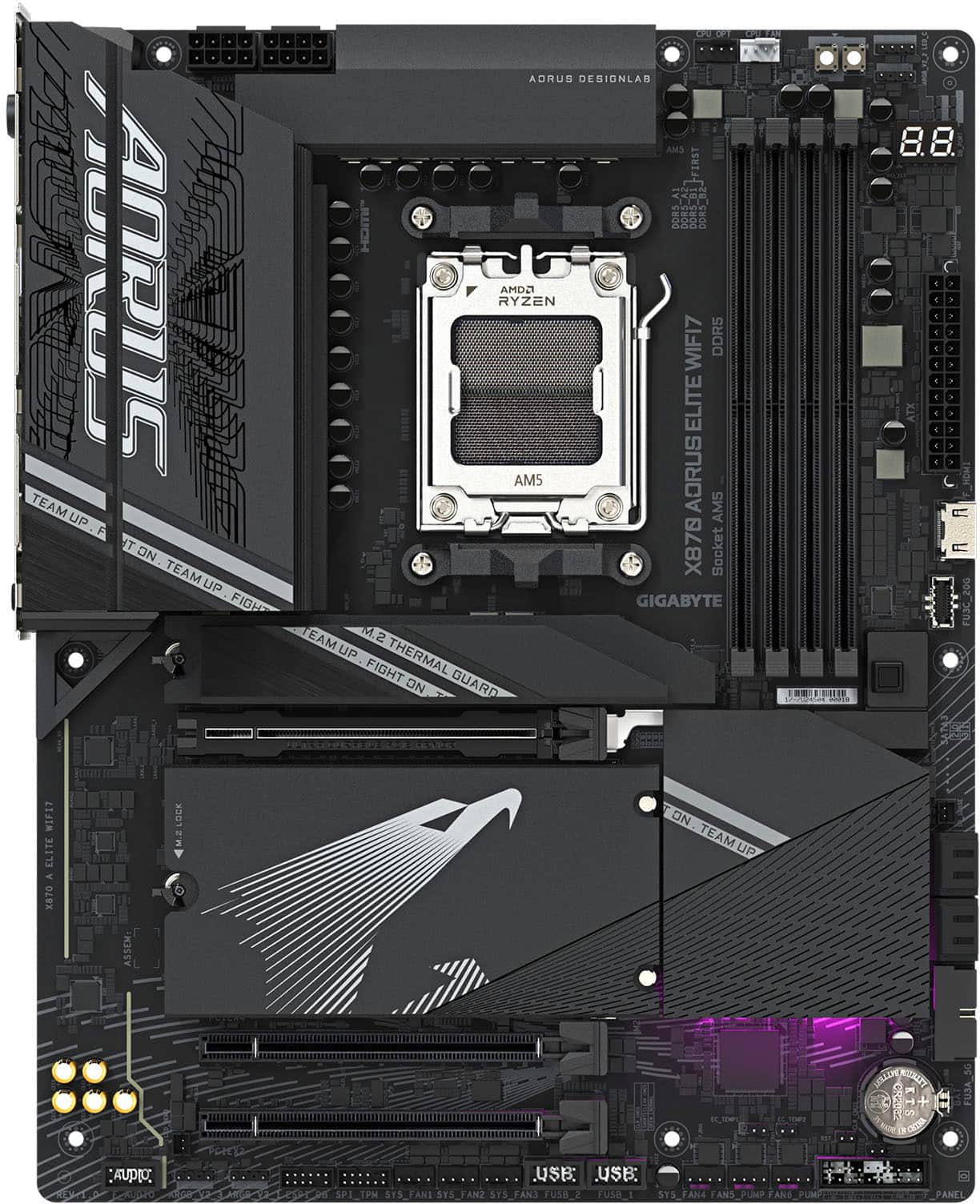 Aorus and AMD have teamed up to create a powerful gaming system. The Aorus RYZEN WIFI7 DDR5 ELITE motherboard is designed for the AMD AM5 socket and features a GIGABYTE EAM M.2 slot for additional storage. The motherboard also includes a thermal guard to keep the system cool during intense gaming sessions. Additionally, the motherboard has USB and SYS FAN headers for connecting fans to improve cooling. The Aorus team has worked closely with AMD to ensure that the system is optimized for performance and reliability.