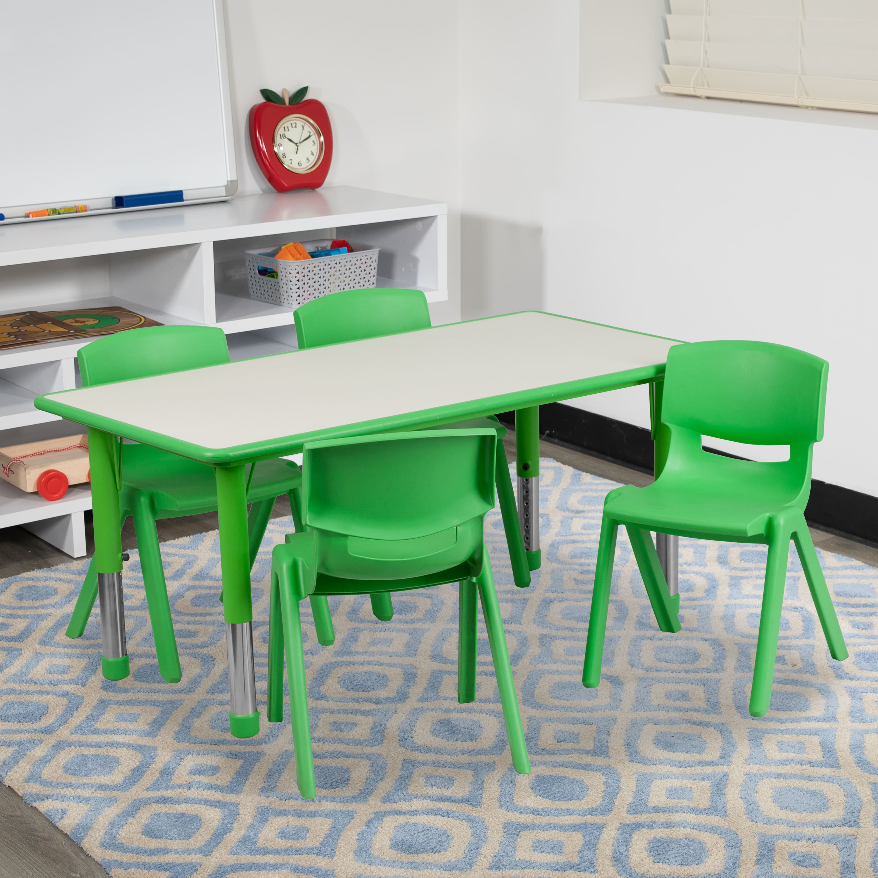 "Emma + Oliver - 23.625""W x 47.25""L Rectangular Plastic Height Adjustable Activity Table Set with 4 Chairs - Green" price history on PriceWatchPro