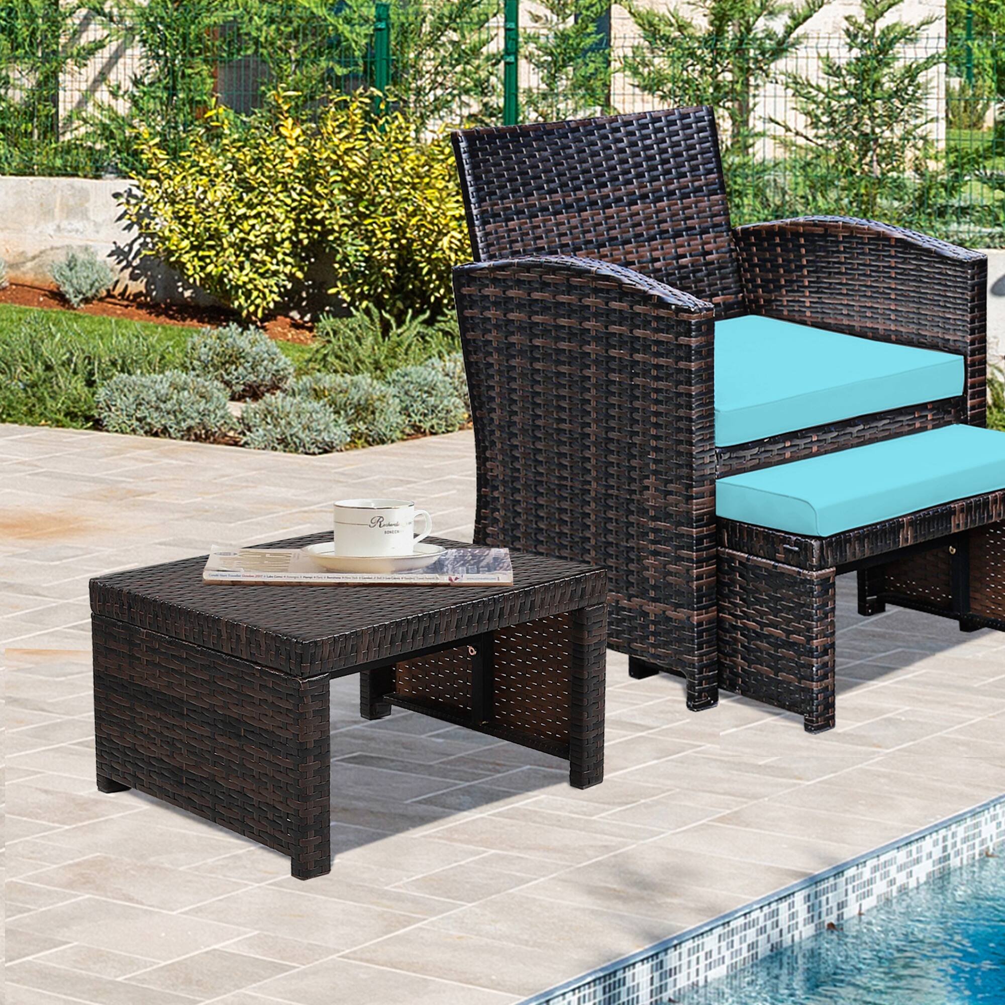 Alt View 4. Gymax - Gymax Set of 2 Rattan Ottoman Footrest Footstool Patio Furniture w/ Turquoise Cushion - Turquoise.