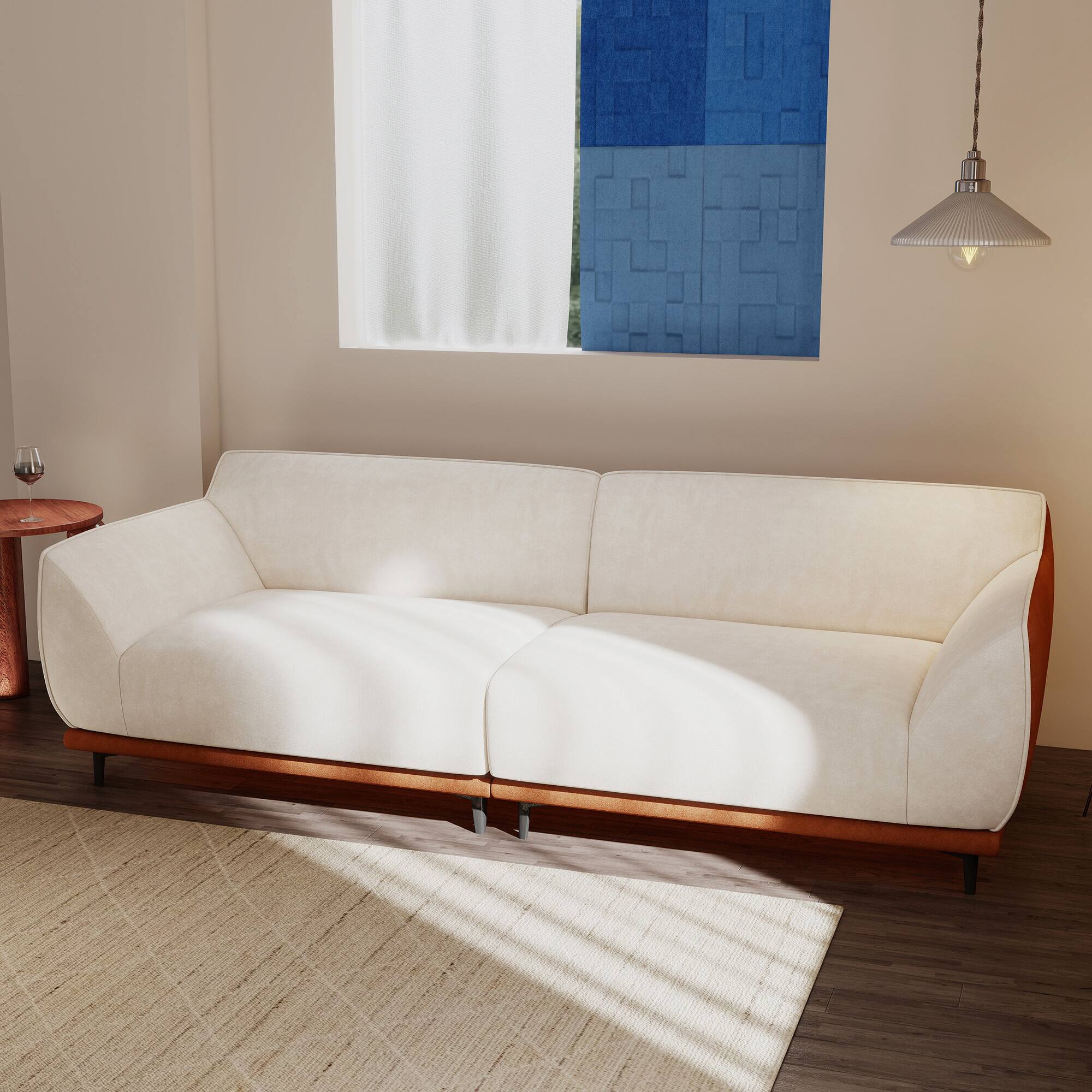 Left. luck idea - 86.61" Modern Upholstered Sofa with Fabric, High-Density Foam Cushion, Solid Wood Frame & Metal Legs - Off-white.