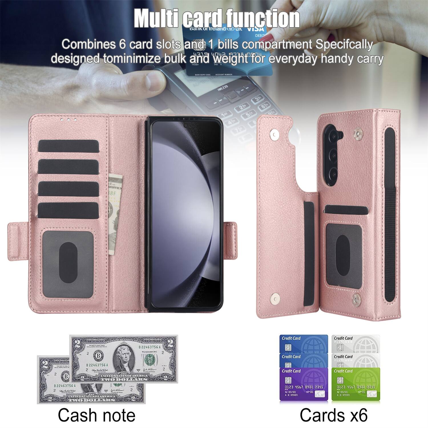 Multi card function  
Combines 6 card slots and 1 bills compartment  
Specifically designed to minimize bulk and weight for everyday handy carry  

Cash note  

Cards x6