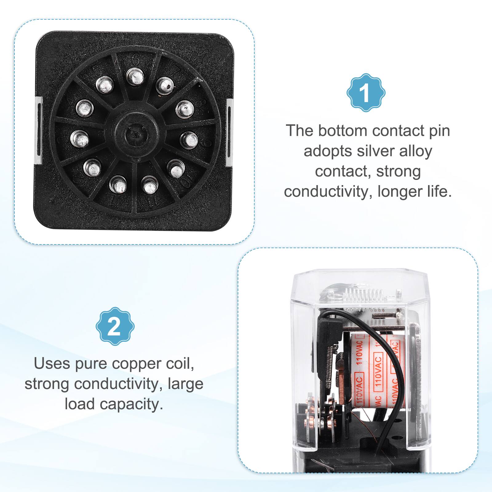1. The bottom contact pin adopts silver alloy contact, strong conductivity, longer life.
2. Uses pure copper coil, strong conductivity, large load capacity.