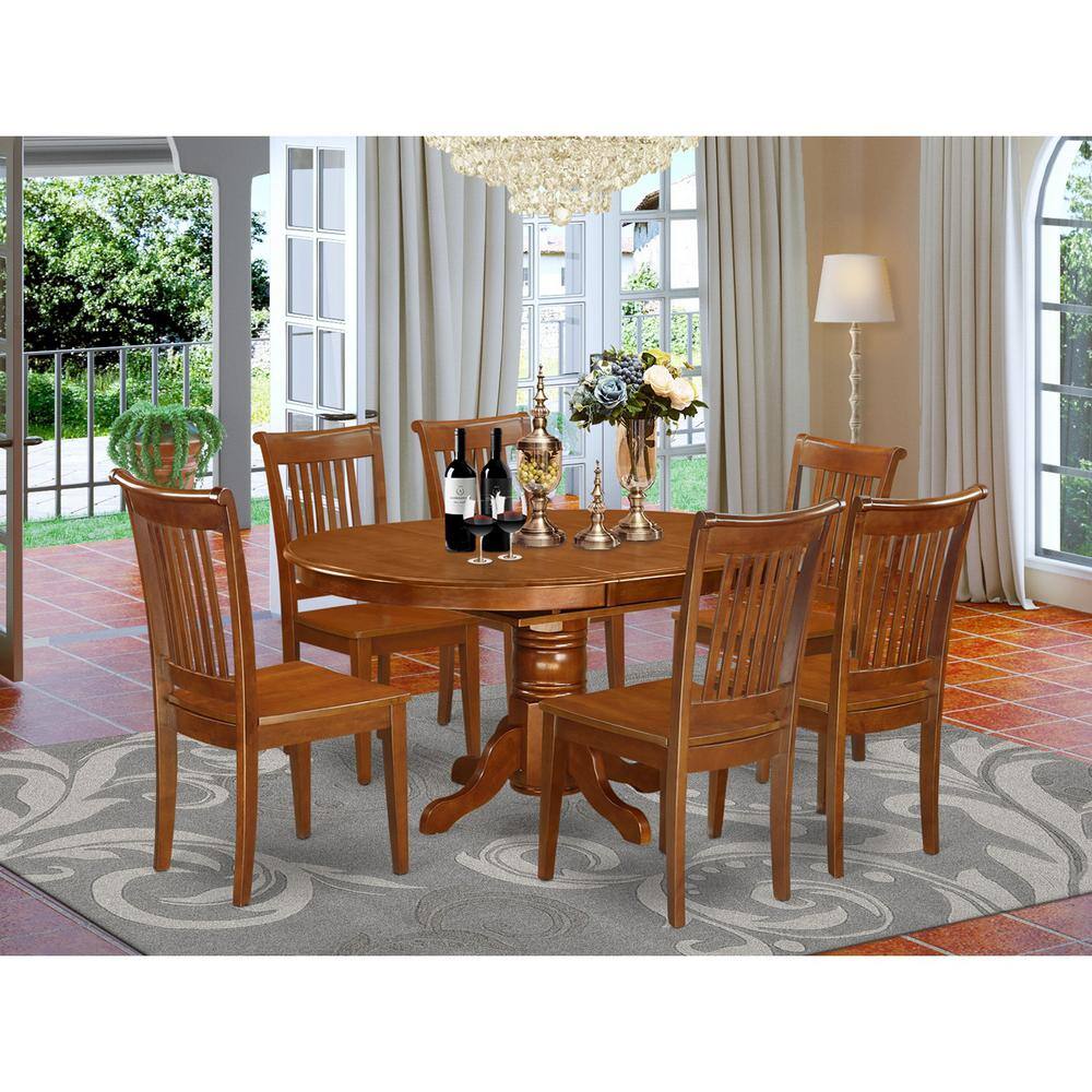 Back. East West Furniture - 7 Pc set Avon Dinette Table with Leaf and 6 Wood Kitchen Chairs in Saddle Brown - Saddle Brown.
