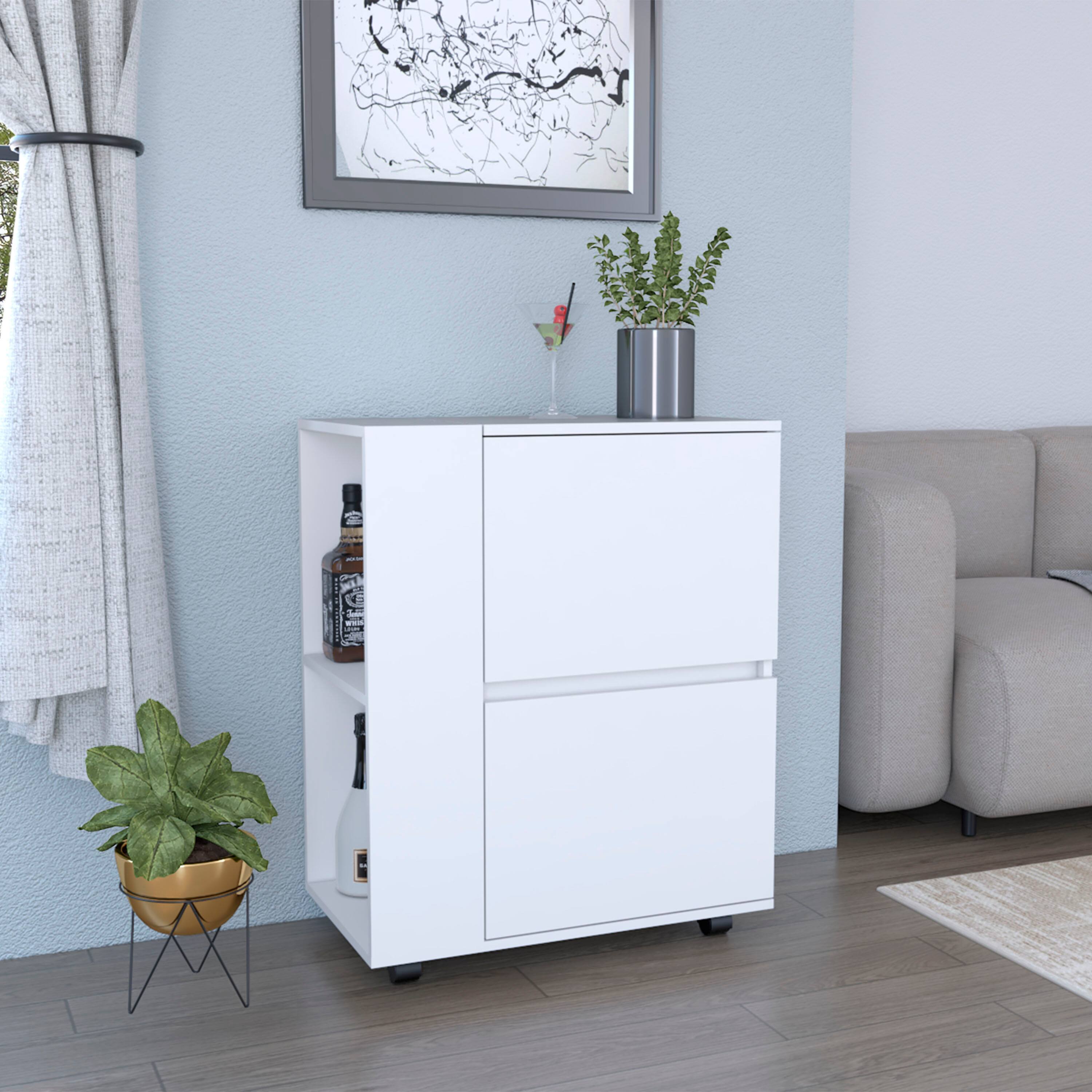 Angle. TuHome - Glasgow Bar Cart with Two Pull-Down Door Cabinets and Two Open Shelves, Living Room or Bar Room. - White.