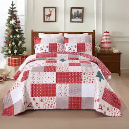 MarCielo - 3 Pcs Christmas Themed Holiday Polyester Patchwork Quilt Bedspread Set - Red