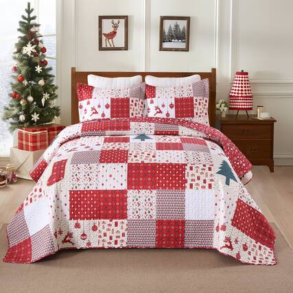 Front. MarCielo - MarCielo 3 Pcs Christmas Themed Holiday Polyester Patchwork Quilt Bedspread Set - Red.