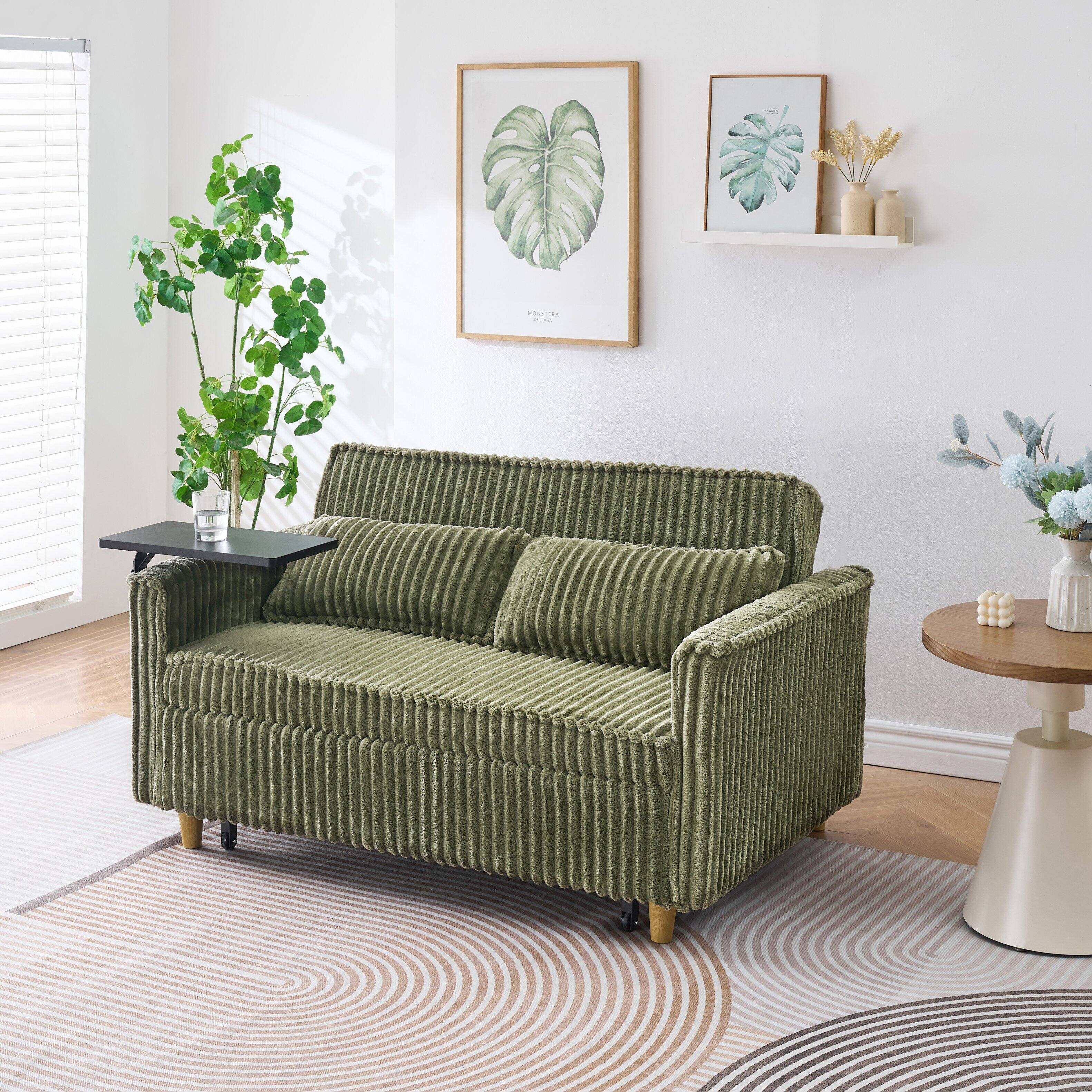 Back. Trinkets Crazed - Corduroy 3-In-1 Convertible Sleeper Sofa Bed,Upholstered Pull Out Futon Loveseat Couch with Adjustable Backrest - Green.