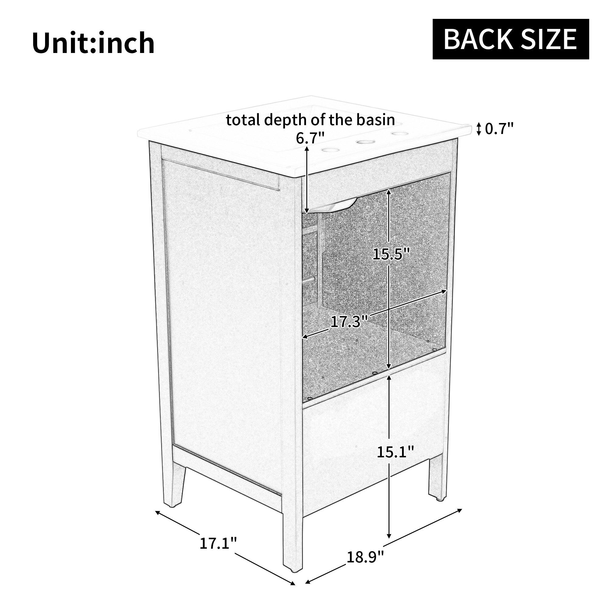 Unit: inch

BACK SIZE

- total depth of the basin: 6.7"
- 0.7"
- 15.5"
- 17.3"
- 15.1"
- 17.1"
- 18.9"