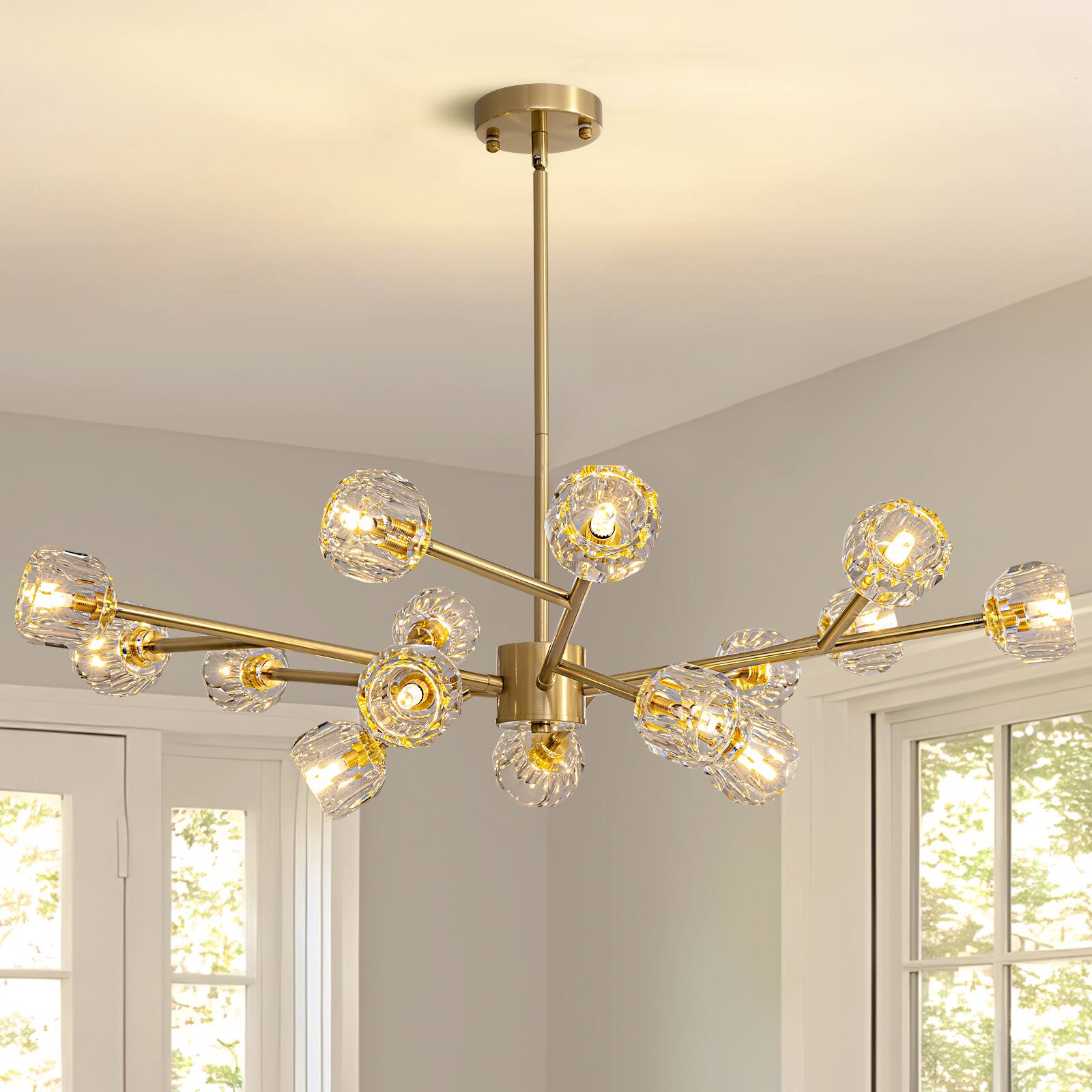 Angle. Siljoy - 39.4-In Modern Sputnik Chandelier 15-Light Football Shaped Lamp Heads for Bedroom Dining Room Foyer Kitchen Living Room - Gold.