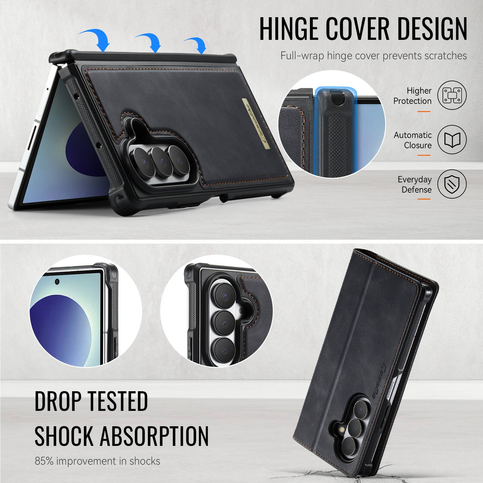 HINGE COVER DESIGN  
Full-wrap hinge cover prevents scratches

Higher Protection  
Automatic Closure  
Everyday Defense

DROP TESTED SHOCK ABSORPTION  
85% improvement in shocks