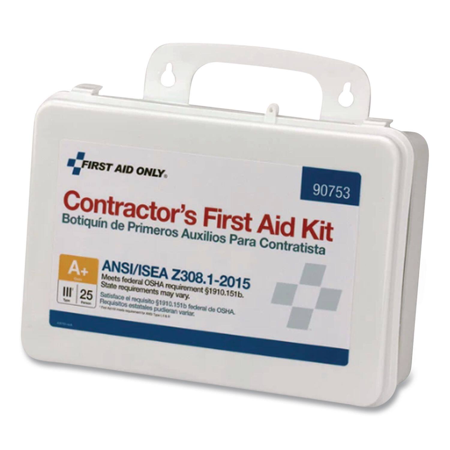 FIRST AID ONLY 90753 Contractor's First Aid Kit Botiquín de Primeros Auxilios Kit Para Contratista A+ ANSI/ISEA Z308.1-2015 Meets federal OSHA requirement 1910.151b. State OSHA requirements may vary.