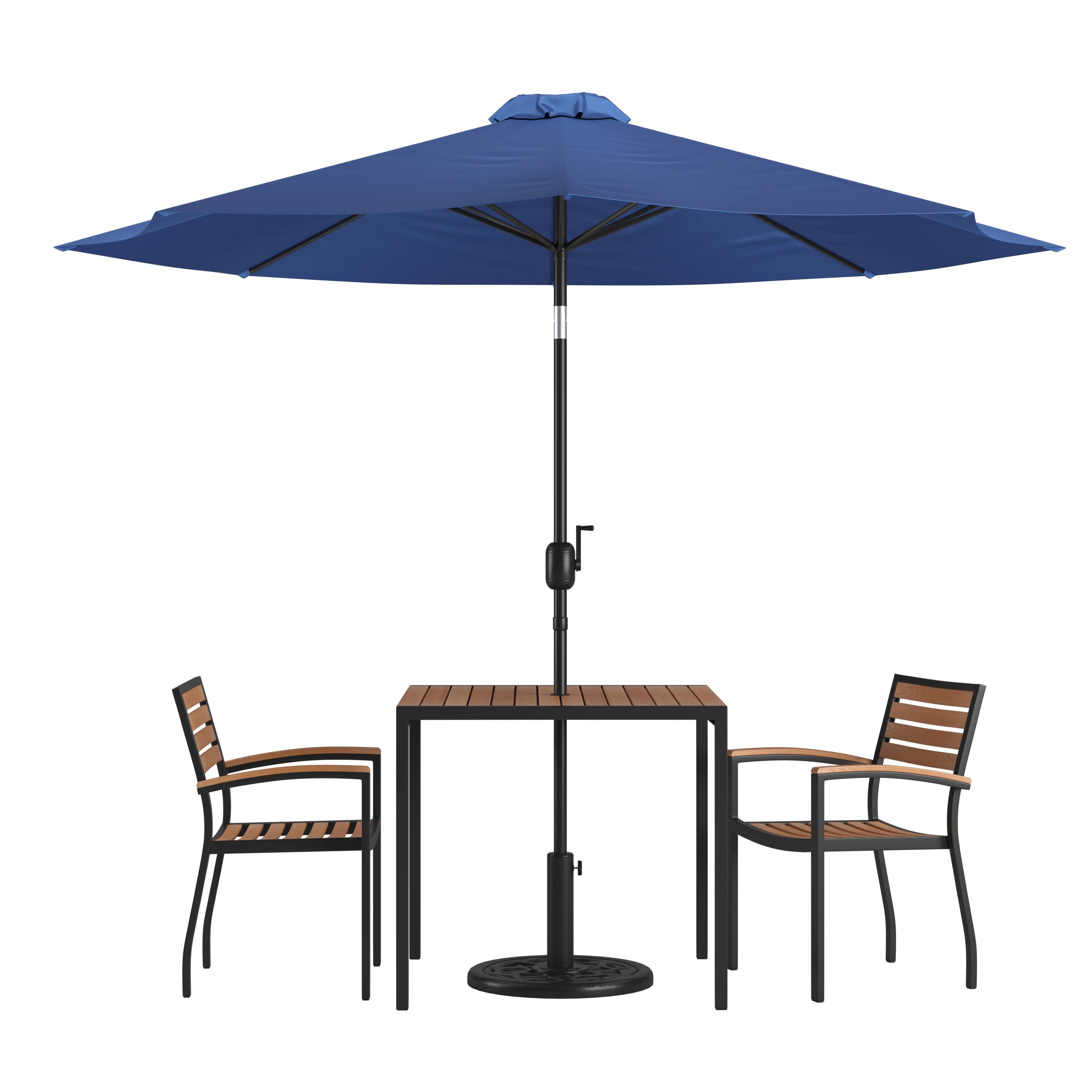 Front. Emma + Oliver - 5 Piece Patio Table Set - 2 Synthetic Faux Teak Stackable Chairs - Faux Teak Table - Umbrella with Base - Navy.