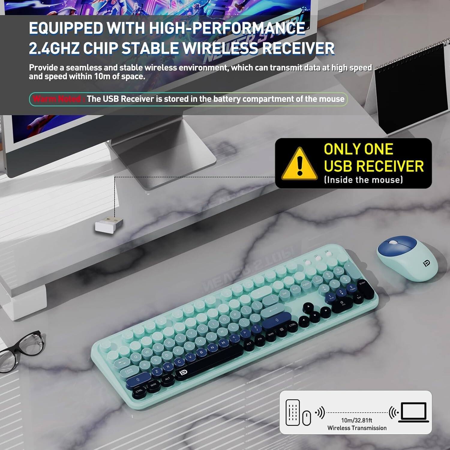 EQUIPPED WITH HIGH-PERFORMANCE 2.4GHZ CHIP STABLE WIRELESS RECEIVER

Provide a seamless and stable wireless environment, which can transmit data at high speed and speed within 10m of space.

Warm Noted: The USB Receiver is stored in the battery compartment of the mouse.

ONLY ONE USB RECEIVER (Inside the mouse)

10m/32.81ft Wireless Transmission