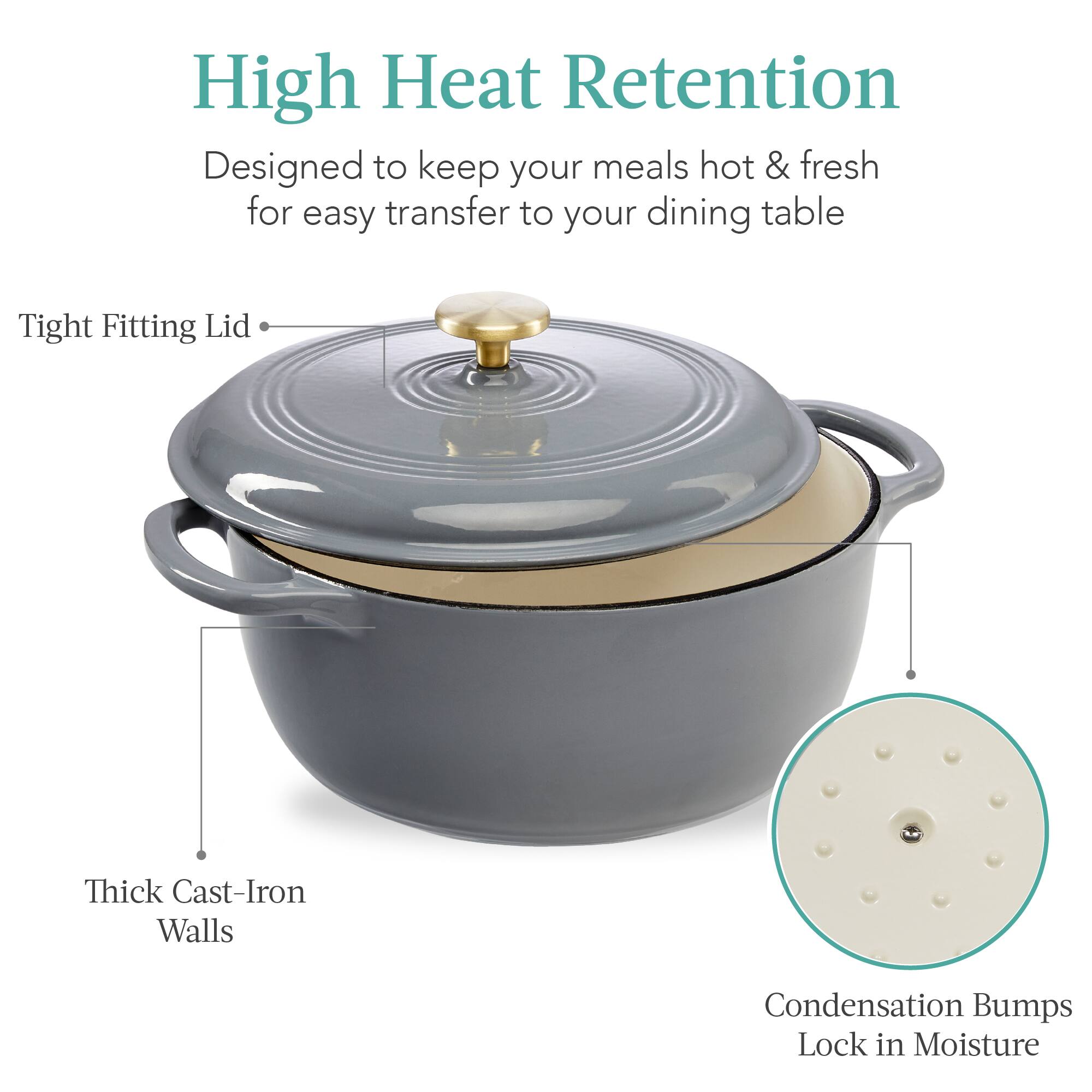 High Heat Retention
Designed to keep your meals hot & fresh for easy transfer to your dining table
- Tight Fitting Lid
- Thick Cast-Iron Walls
- Condensation Bumps Lock in Moisture