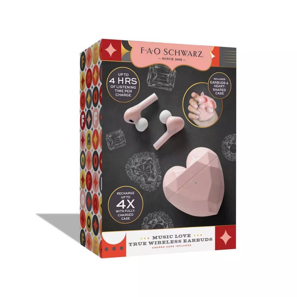 F-A-O SCHWARZ. SINCE 1869

UP TO 4 HRS OF LISTENING TIME PER CHARGE

INCLUDES EARBUUDS & HEART-SHAPED CASE

RECHARGE UP TO 4X WITH FULLY-CHARGED CASE

MUSIC LOVE TRUE WIRELESS EARBUDS

CHARGE CABLE INCLUDED