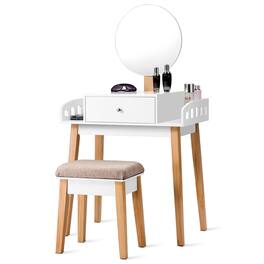 Costway - Wooden Vanity Makeup Dressing Table Stool Round w/Drawer - White,Natural