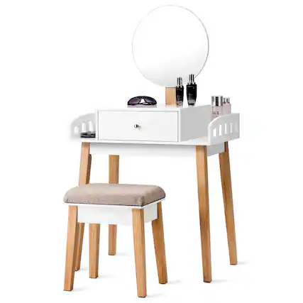 Front. Costway - Costway Wooden Vanity Makeup Dressing Table Stool Round w/Drawer - White,Natural.