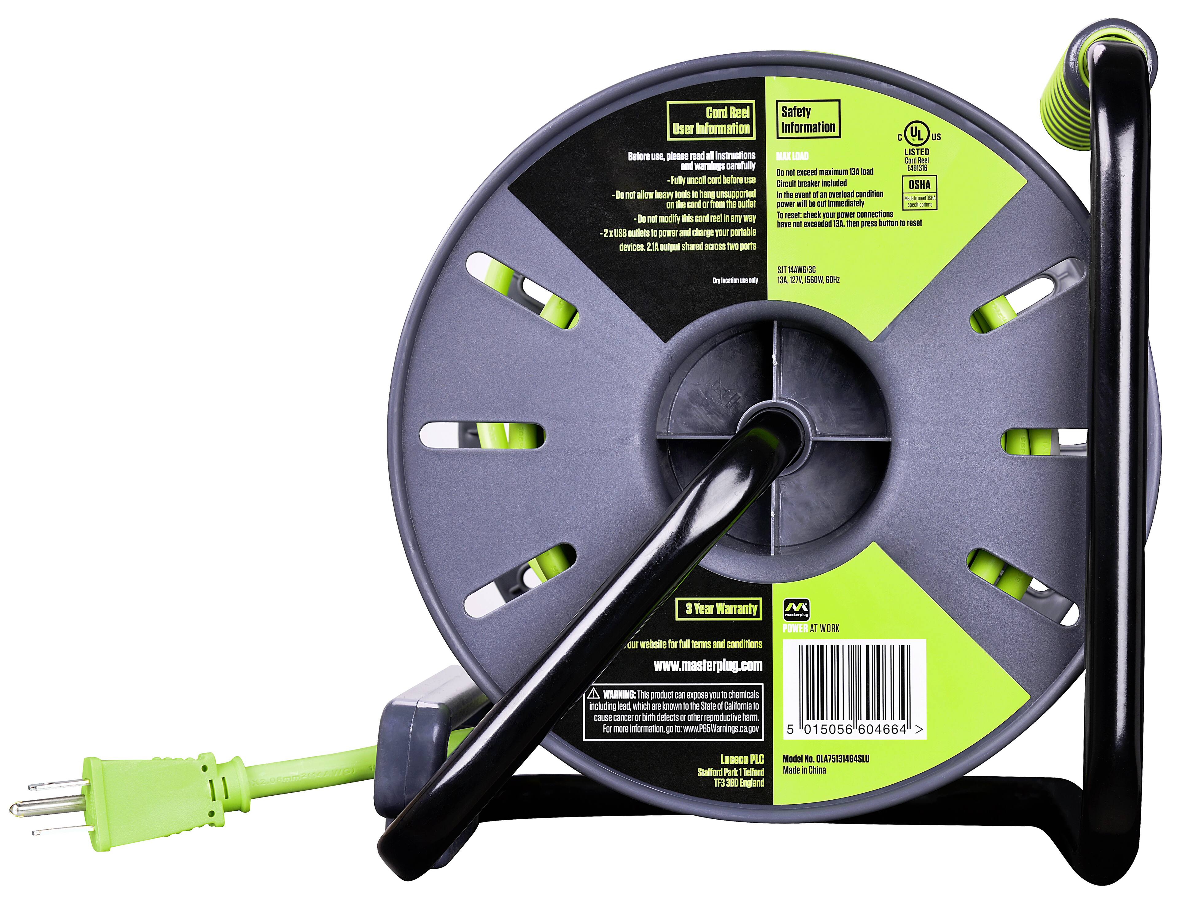 Alt View 13. Masterplug - 75Ft 4 Sockets 13A 14AWG Large Open Reel with USB Charging - Green & Grey.