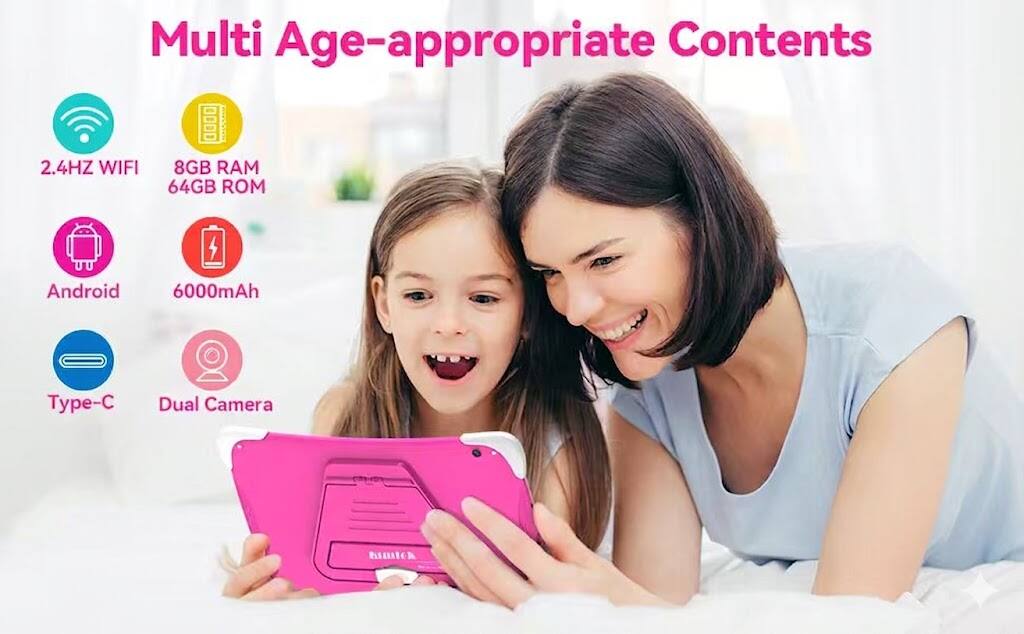 Multi Age-appropriate Contents

- 2.4HZ WIFI
- 8GB RAM
- 64GB ROM
- Android
- 6000mAh
- Type-C
- Dual Camera
